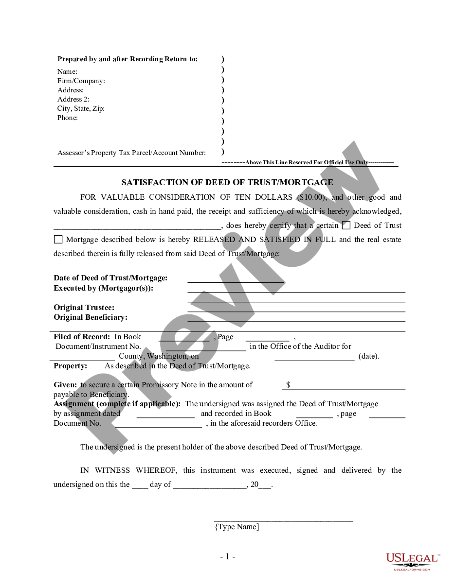 page 0 Satisfaction, Release or Cancellation of Deed of Trust by Individual preview