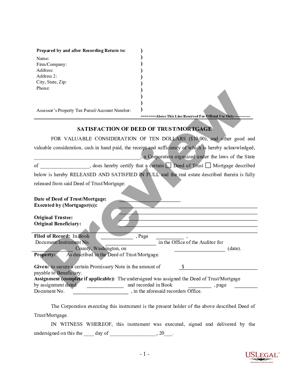 page 0 Satisfaction, Release or Cancellation of Deed of Trust by Corporation preview