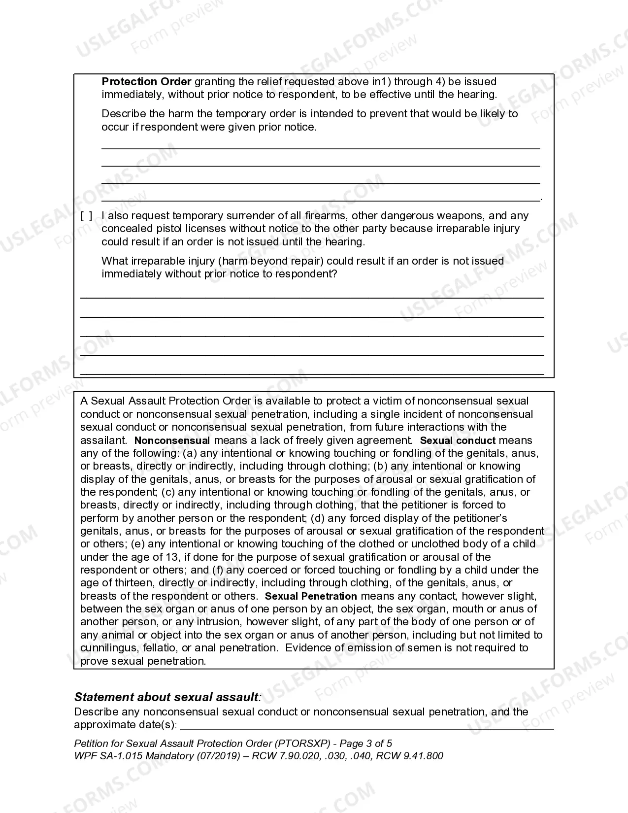 Preview SA 1.015 - Petition for Sexual Assault Protection Order