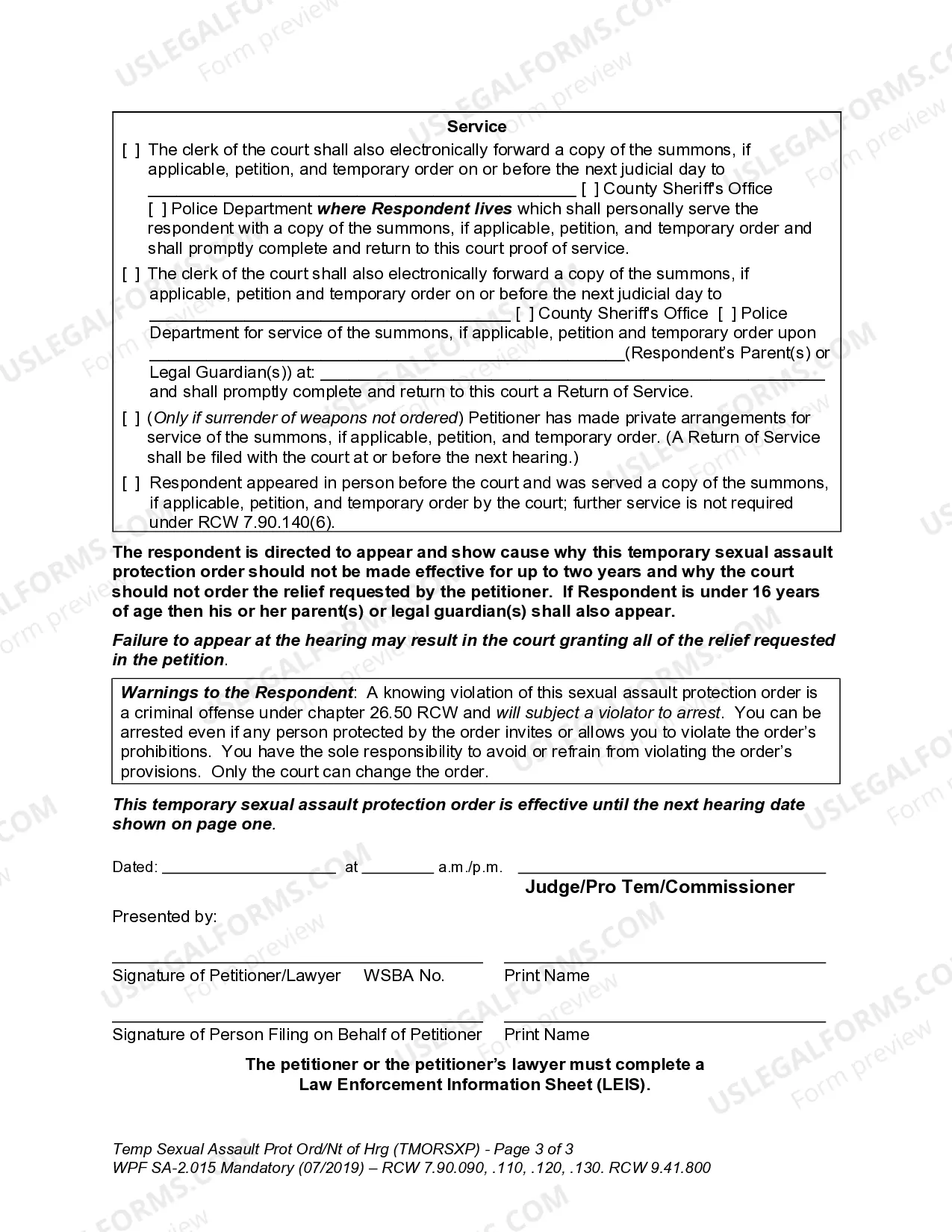 Preview SA 2.015 - Temporary Sexual Assault Protection Order and Notice of Hearing