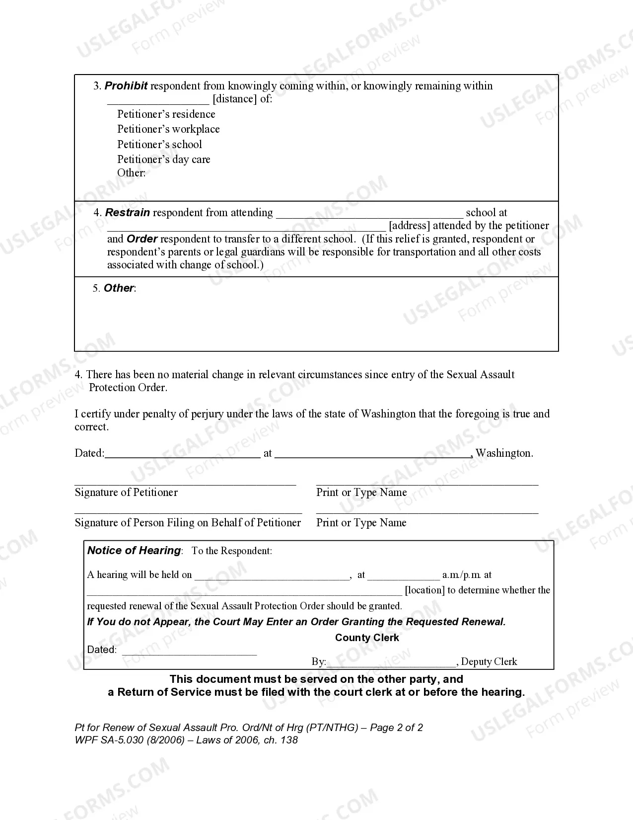 Preview SA 5.030 - Petition for Renewal of Sexual Assault Protection Order and Notice of