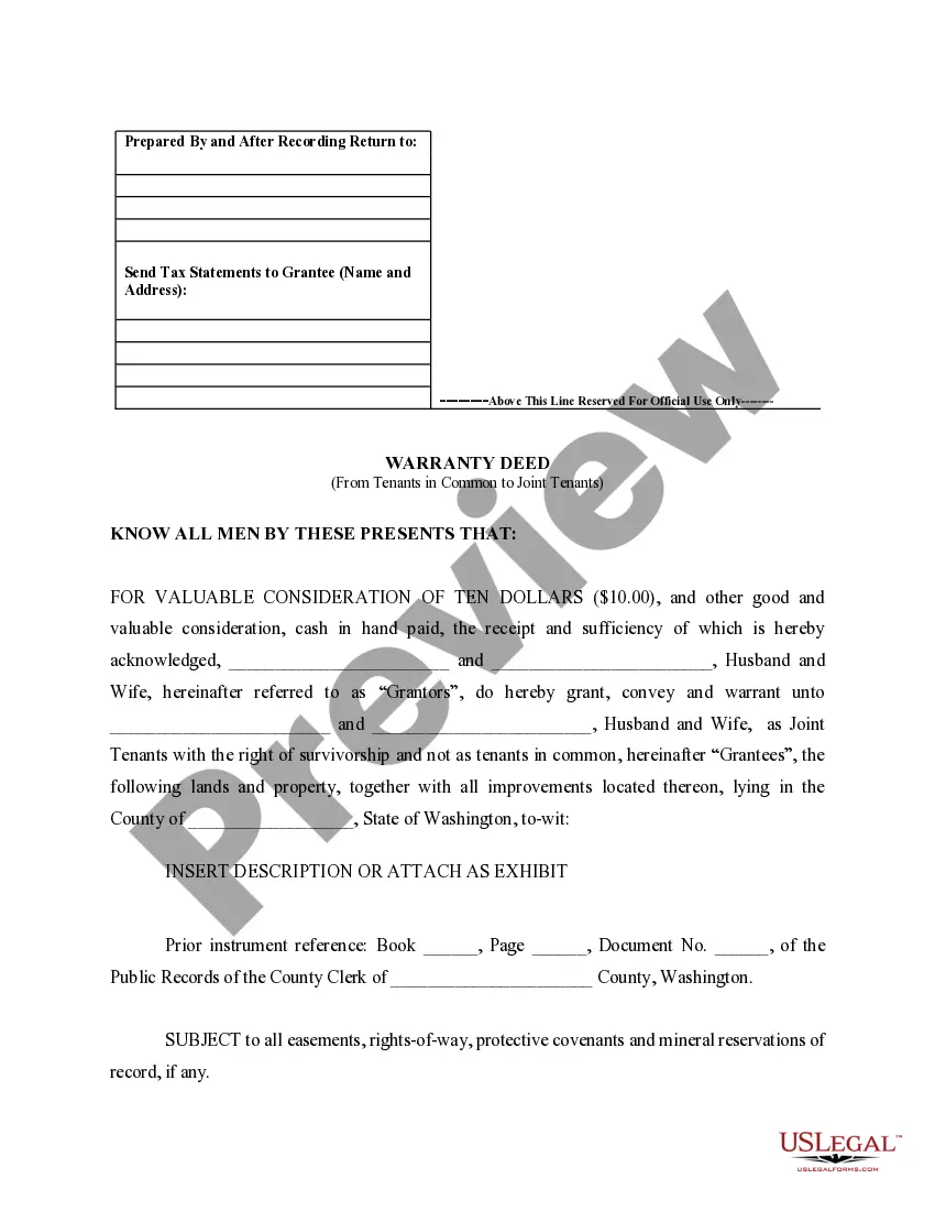 Preview Warranty Deed for Husband and Wife Converting Property from Tenants in Common to Joint Tenancy