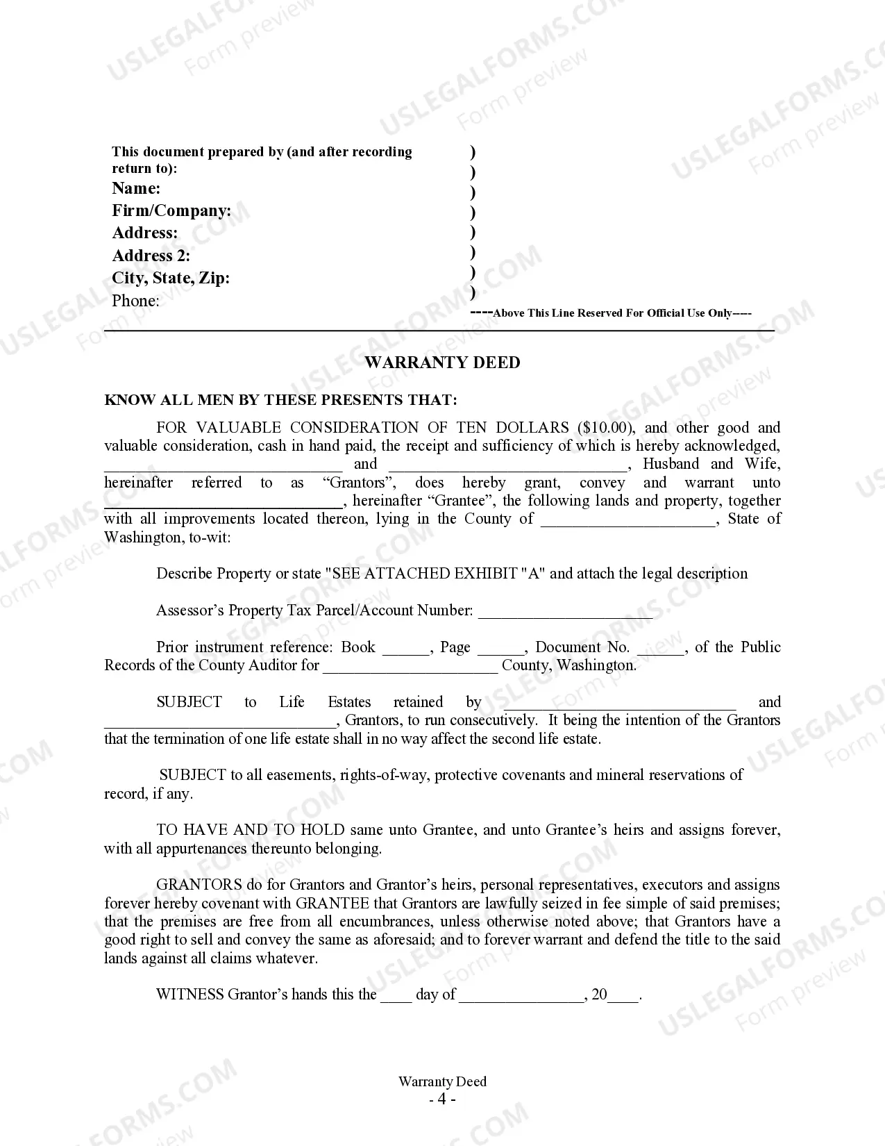Preview Warranty Deed for Parents to Child with Reservation of Life Estate