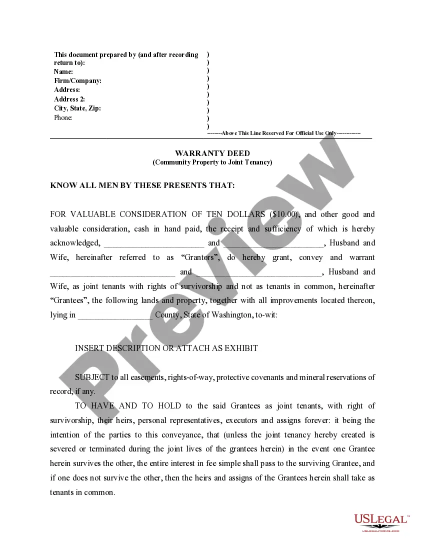Preview Warranty Deed for Conversion of Community Property to Joint Tenancy