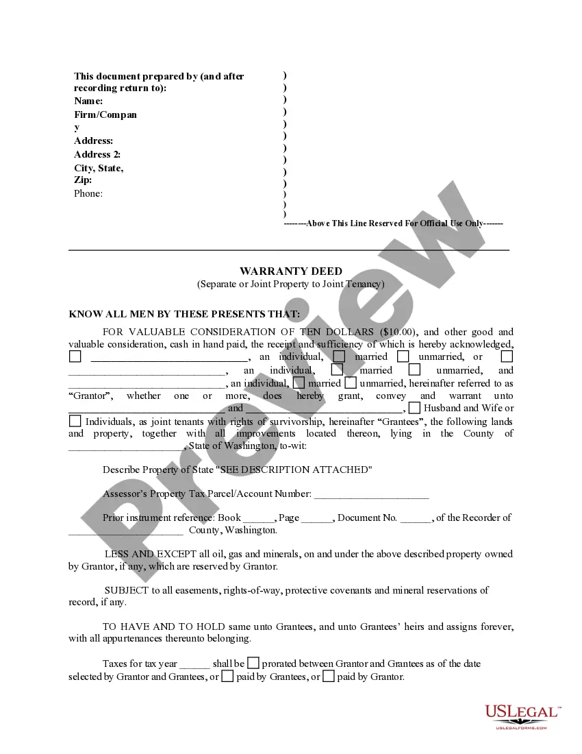 Preview Warranty Deed for Separate or Joint Property to Joint Tenancy