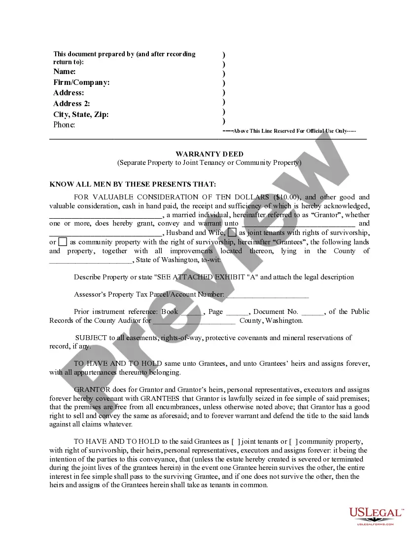 Get Warranty Deed for Separate Property of one Spouse to both as Joint Tenants Preview Warranty Deed for Separate Property of one Spouse to both as Joint Tenants