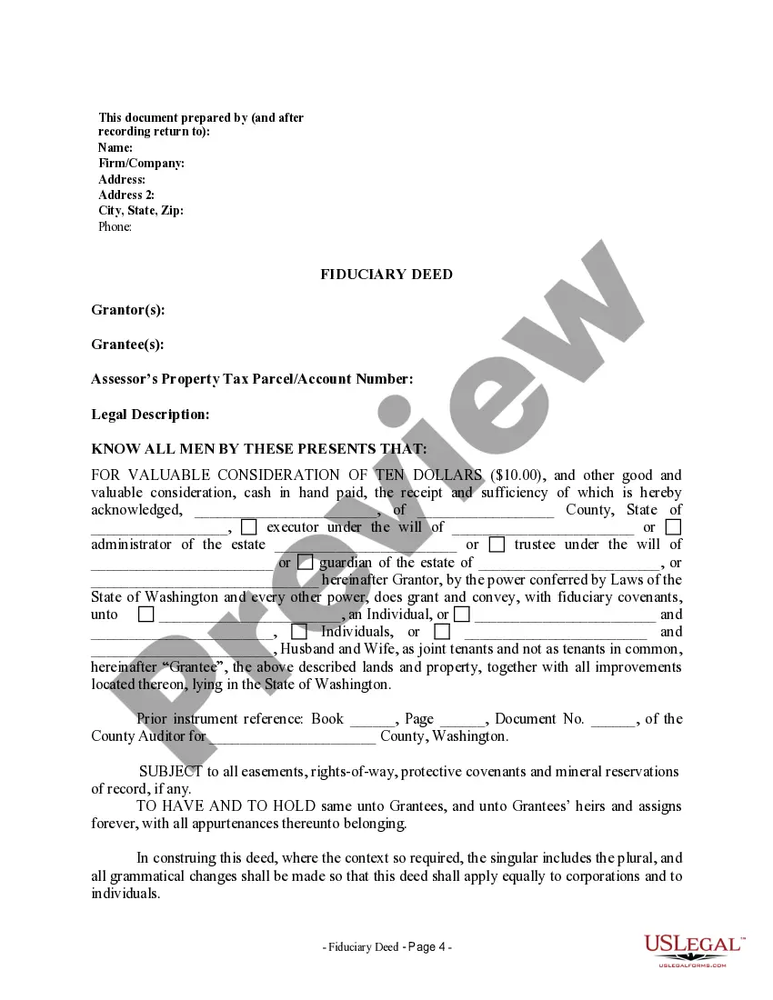 Get Fiduciary Deed for use by Executors, Trustees, Trustors, Administrators and other Fiduciaries Preview Fiduciary Deed for use by Executors, Trustees, Trustors, Administrators and other Fiduciaries