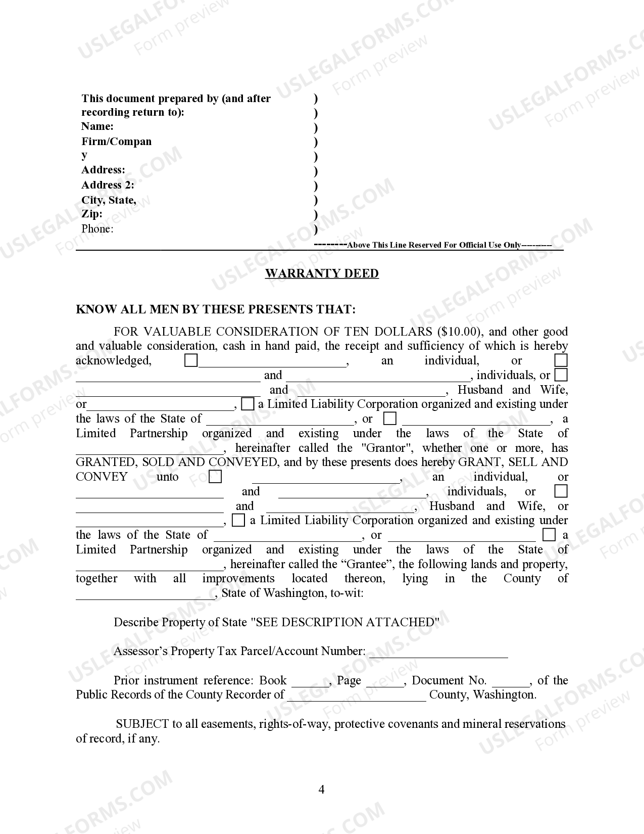 Washington Warranty Deed for Limited Partnership or LLC is the Grantor, or Grantee US Legal Forms