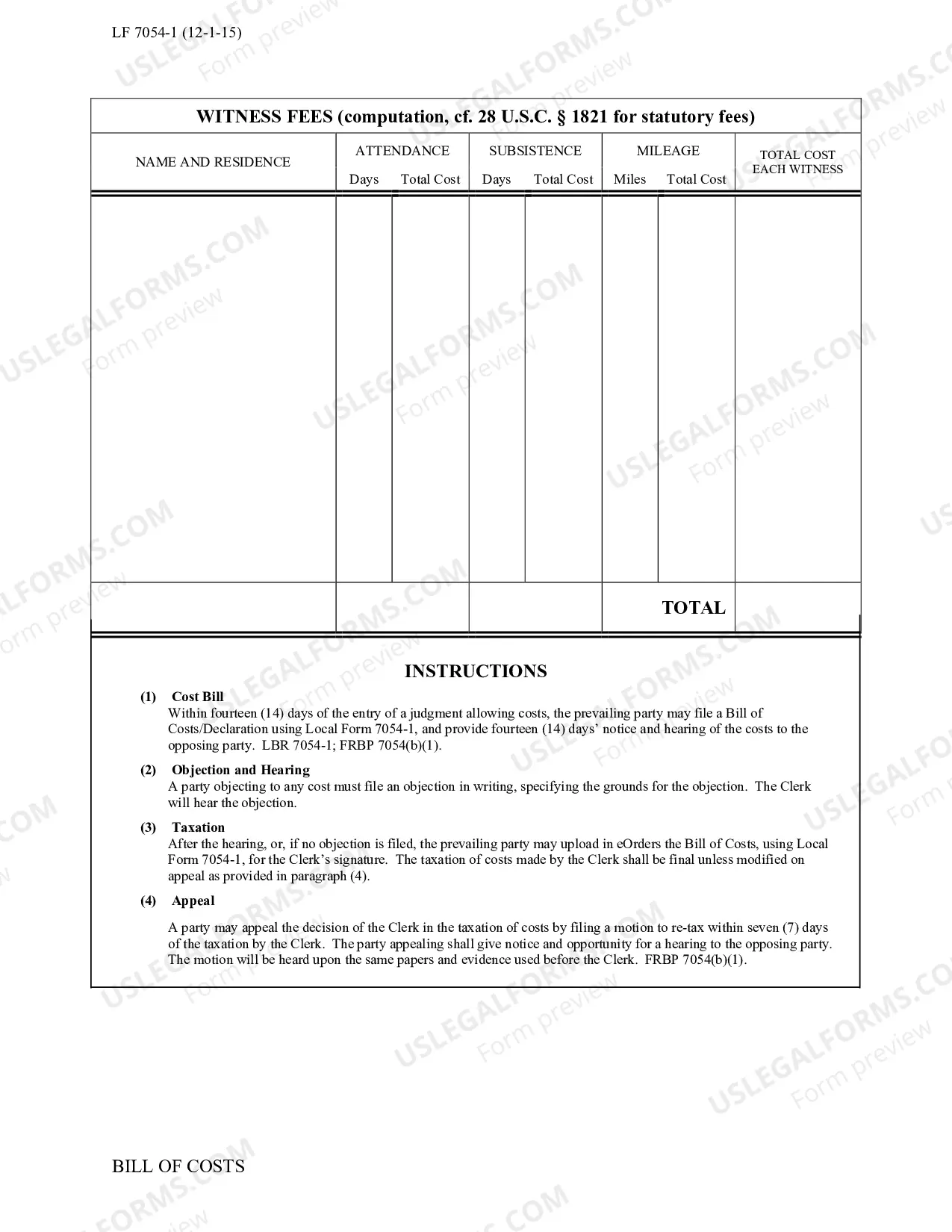 Preview Bill of Costs