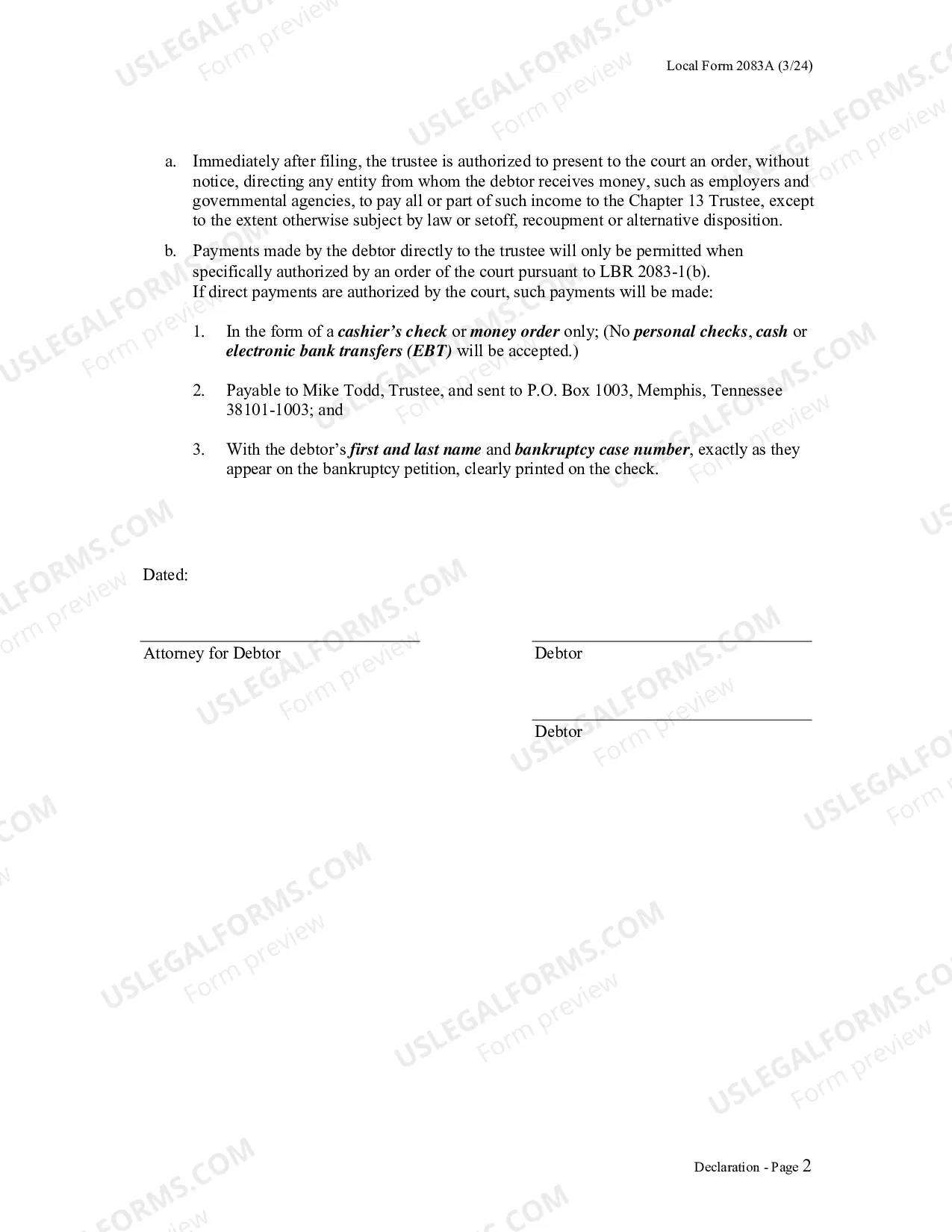 Preview Debtors Plan Payment Declaration (Ch 13 Cases)