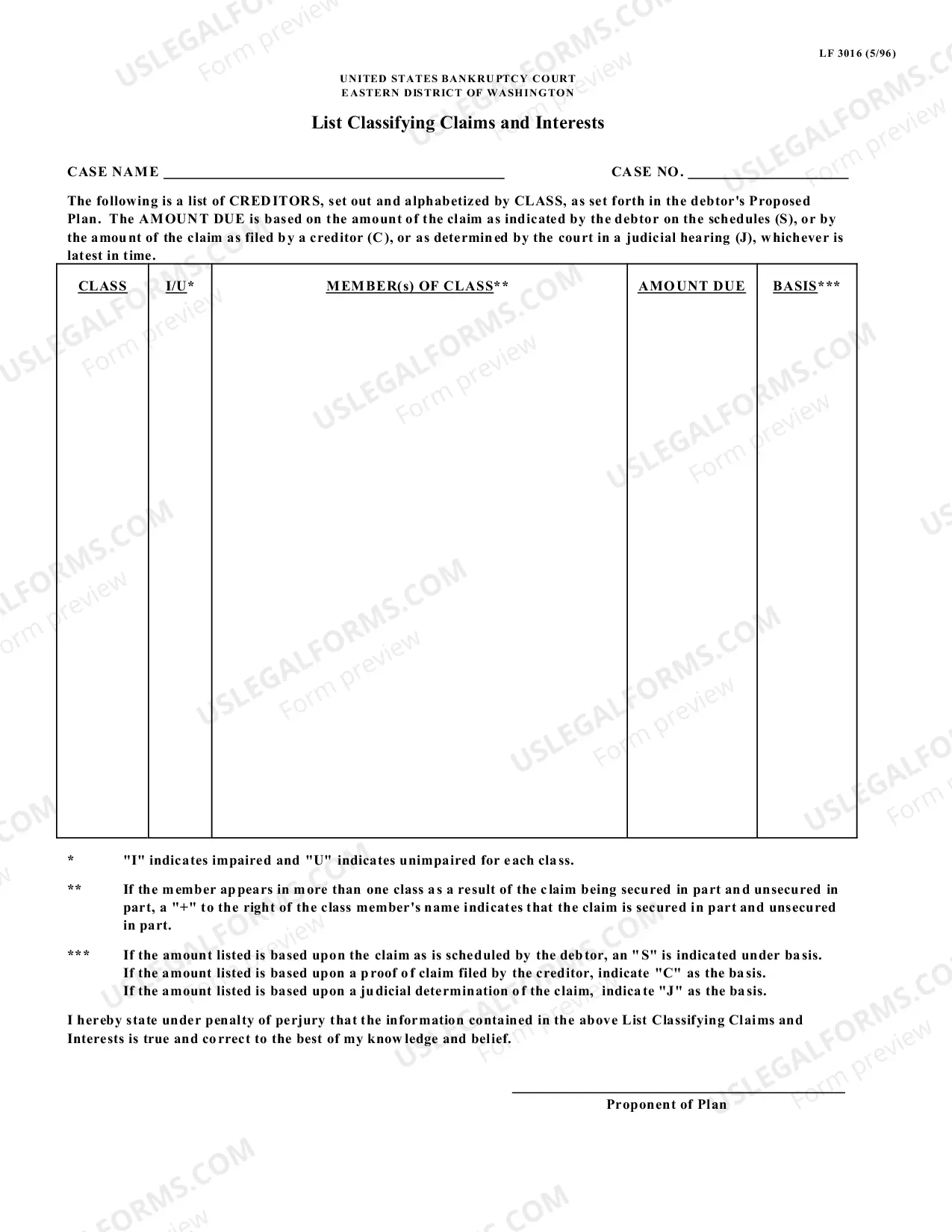 Preview List Classifying Claims And Interests