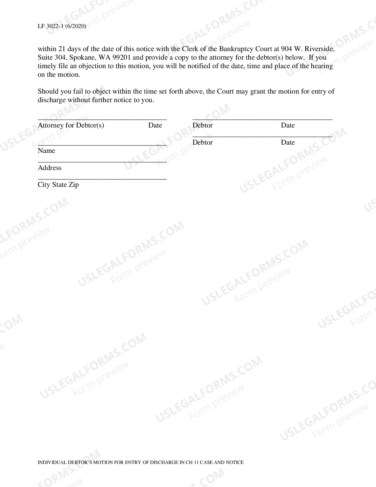 Preview Motion for Ch 11 Discharge