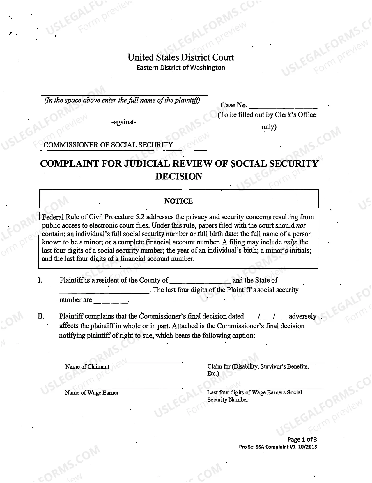 Preview Complaint - Social Security - (pro se)