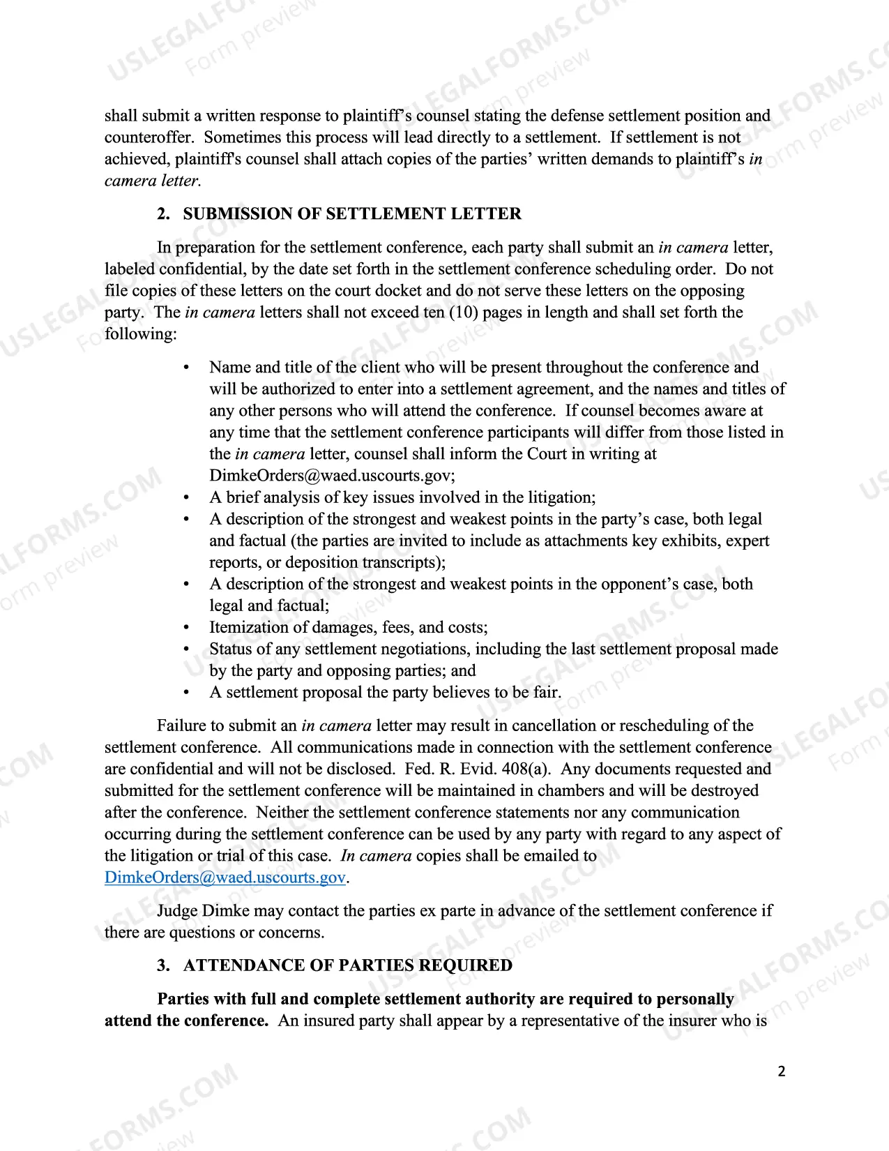 Preview Settlement Conference - Standing Order - Magistrate Judge Dimke