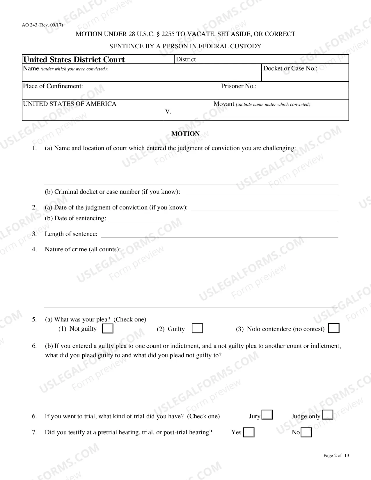 Preview 2255 Motion to Vacate, Set Aside, or Correct Sentence(Federal Court conviction)
