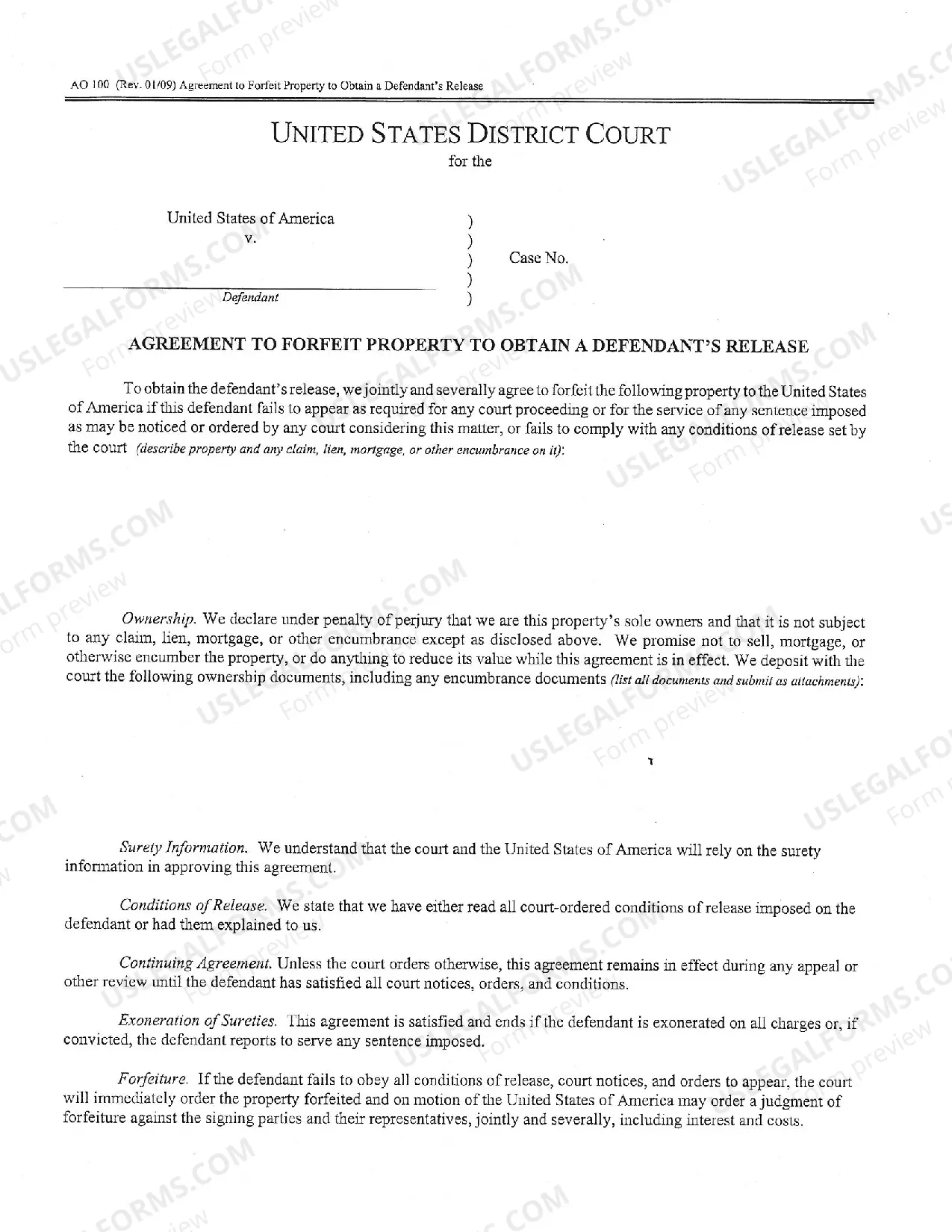 Preview Agreement to Forfeit Property