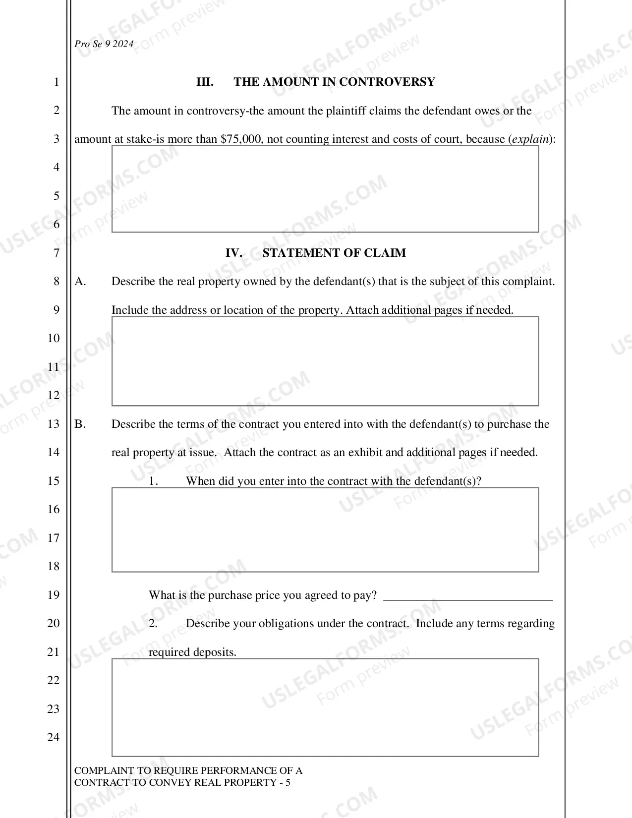 Preview Complaint - Require Performance of a Contract to Convey Real Property