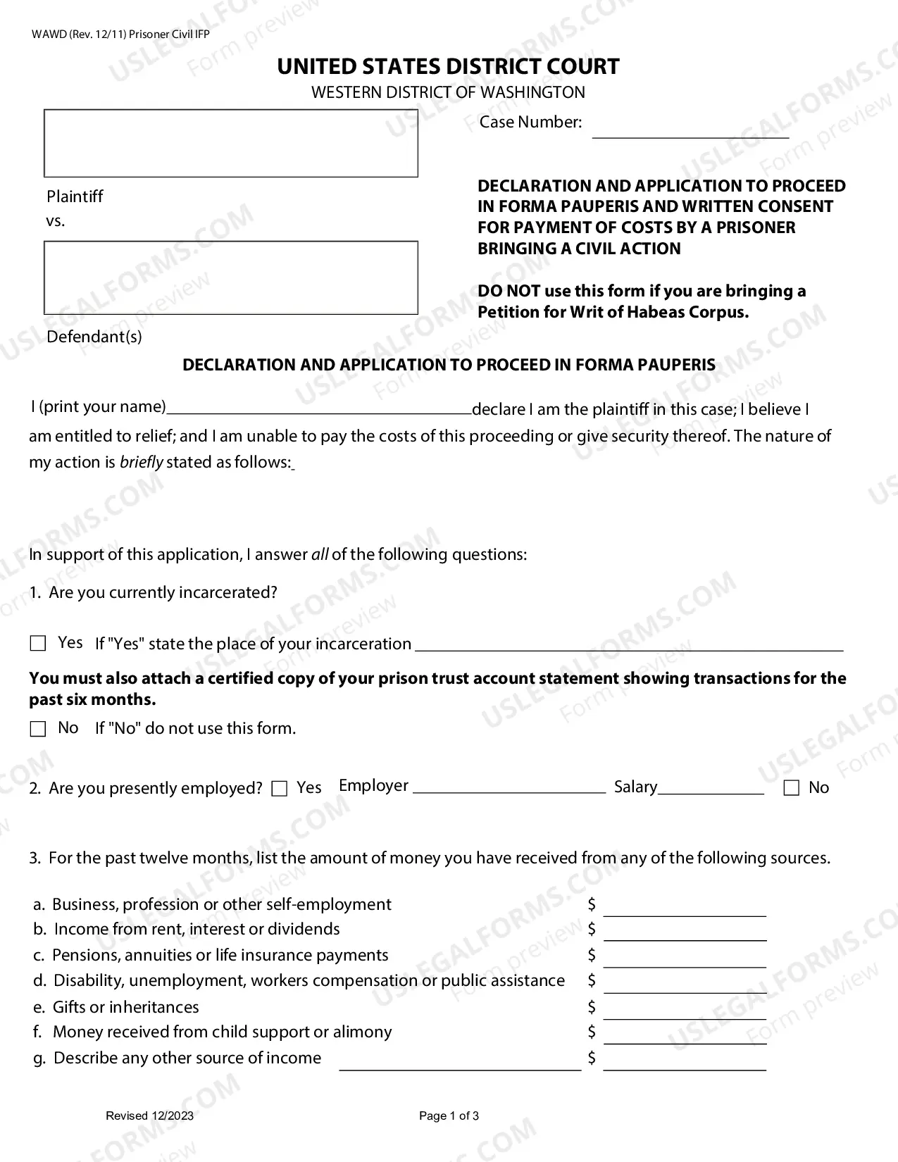 Preview IFP Application for PrisonersFilingCivil Complaints with instruction sheet