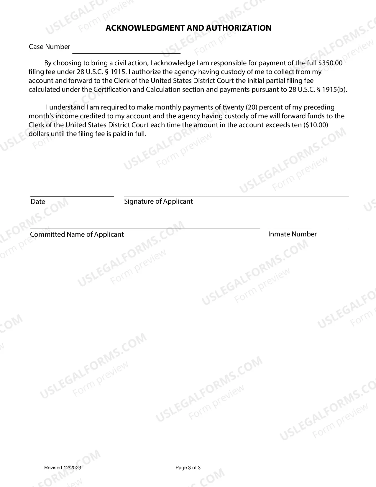 Preview IFP Application for PrisonersFilingCivil Complaints with instruction sheet