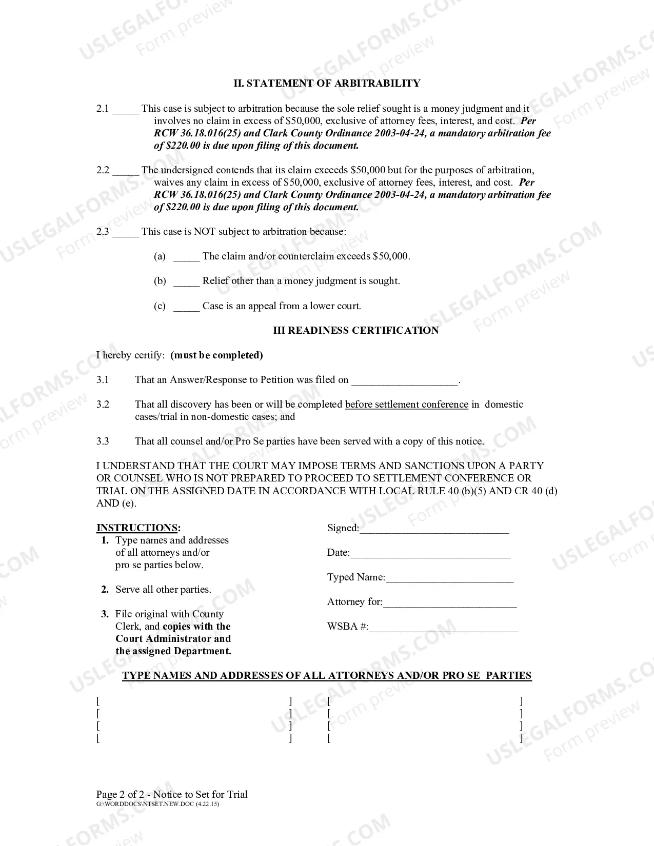 Preview Notice to set for trial