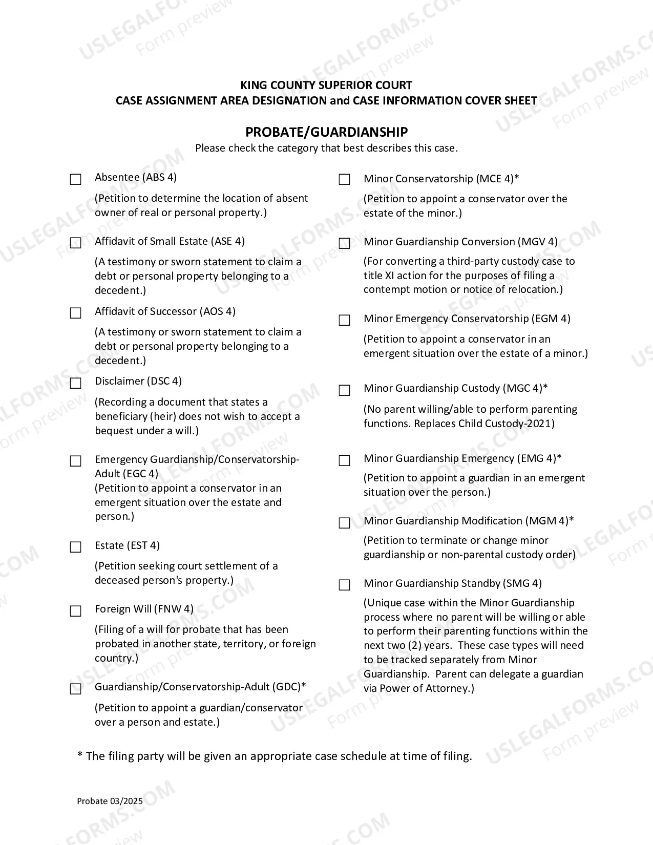 Preview Case Information Cover Sheet & Case Assignment Area - Probate and Guardianship