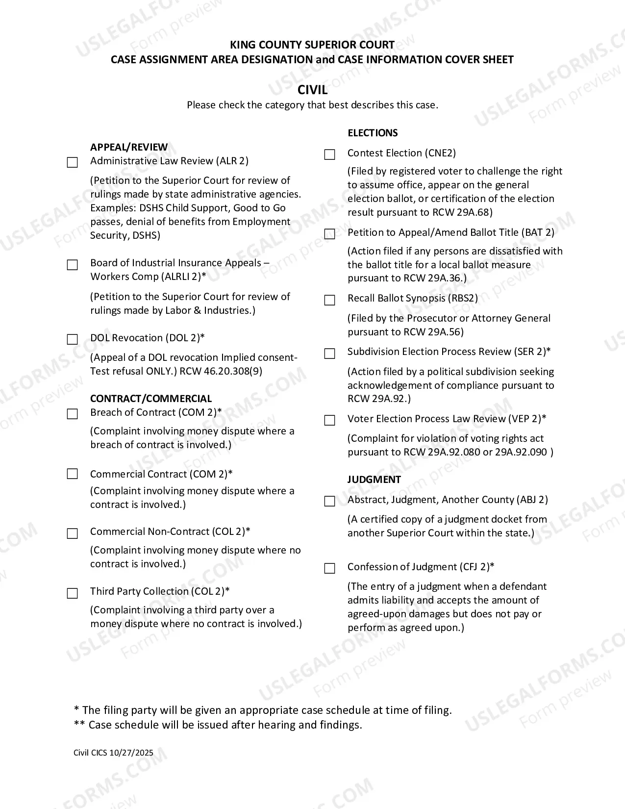 Preview Case Information Cover Sheet and Case Assignment Area - Civil