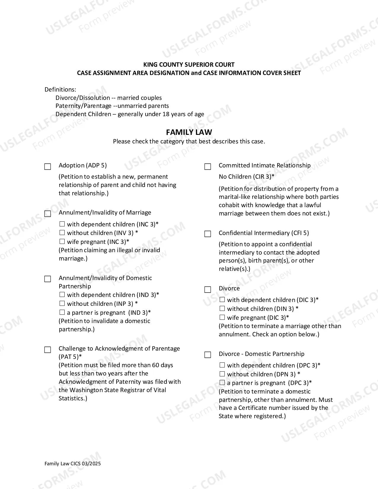 Preview Case Information Cover Sheet & Case Assignment Area - Family Law