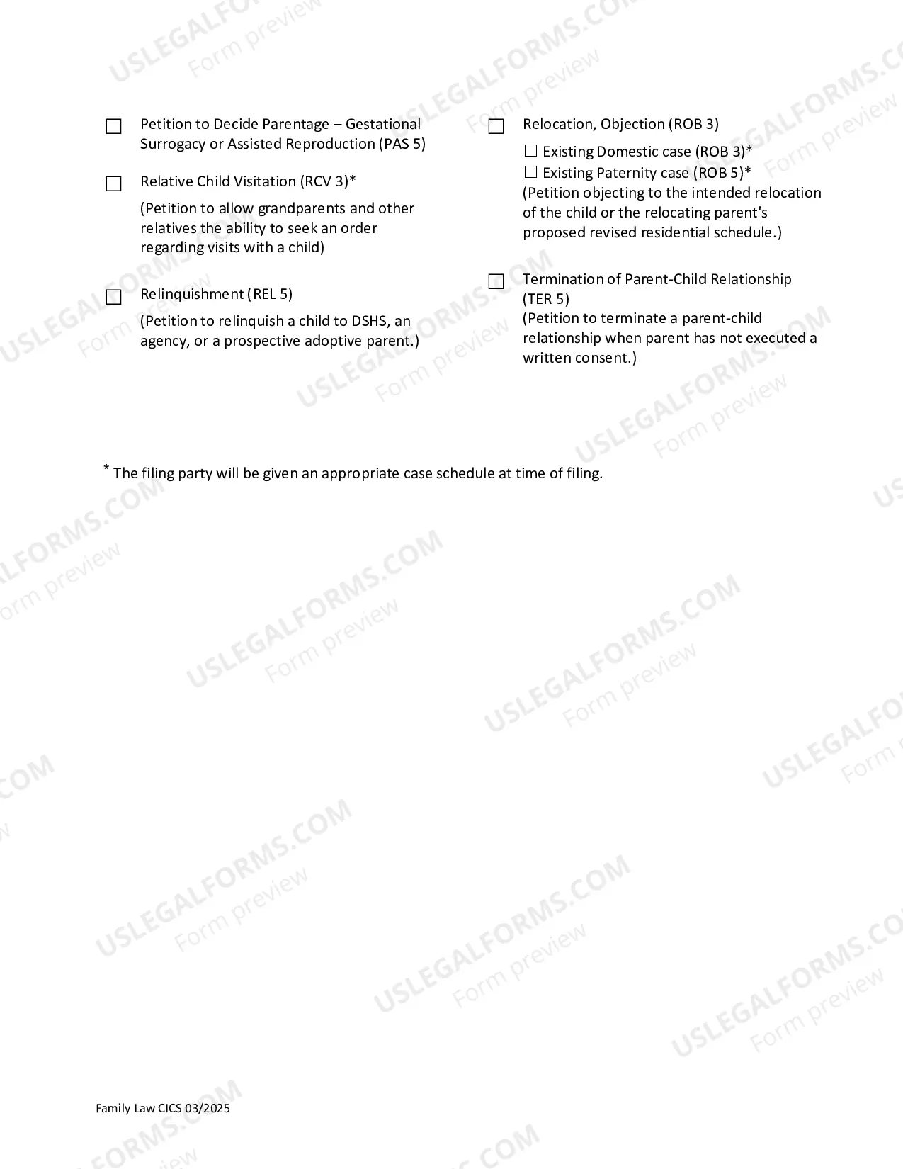 Preview Case Information Cover Sheet & Case Assignment Area - Family Law