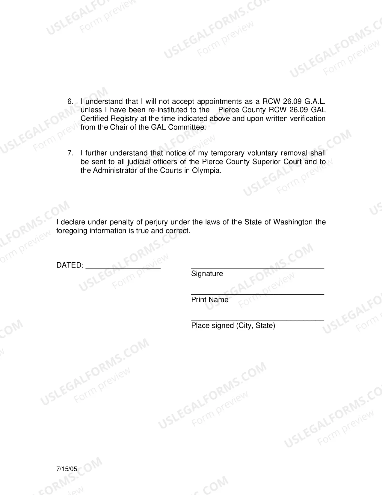 Preview Declaration of Temporary Voluntary Removal RCW 26.09 GAL Registry