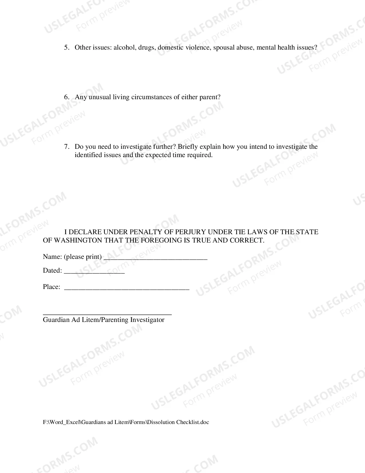 Preview Dissolution Checklist For Scope of GAL-PI Investigation