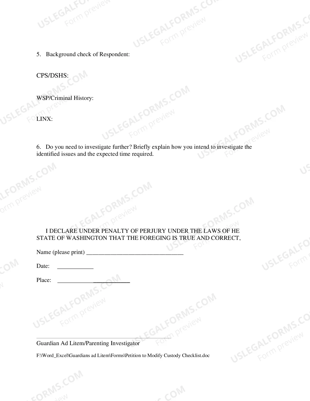 Preview Petition To Modify Custody Checklist For Scope of GAL-PI Investigation