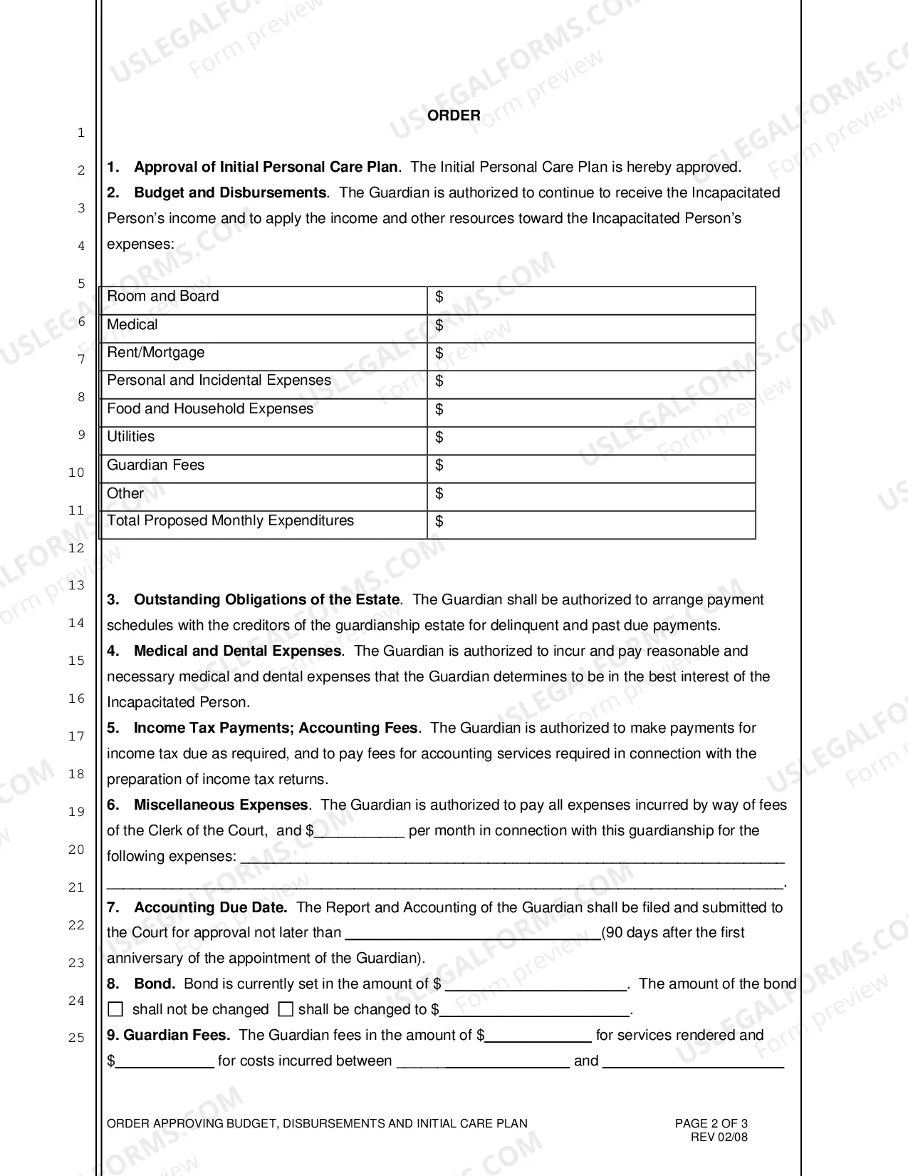 Preview Order Approving Budget, Disbursements and Initial Care Plan