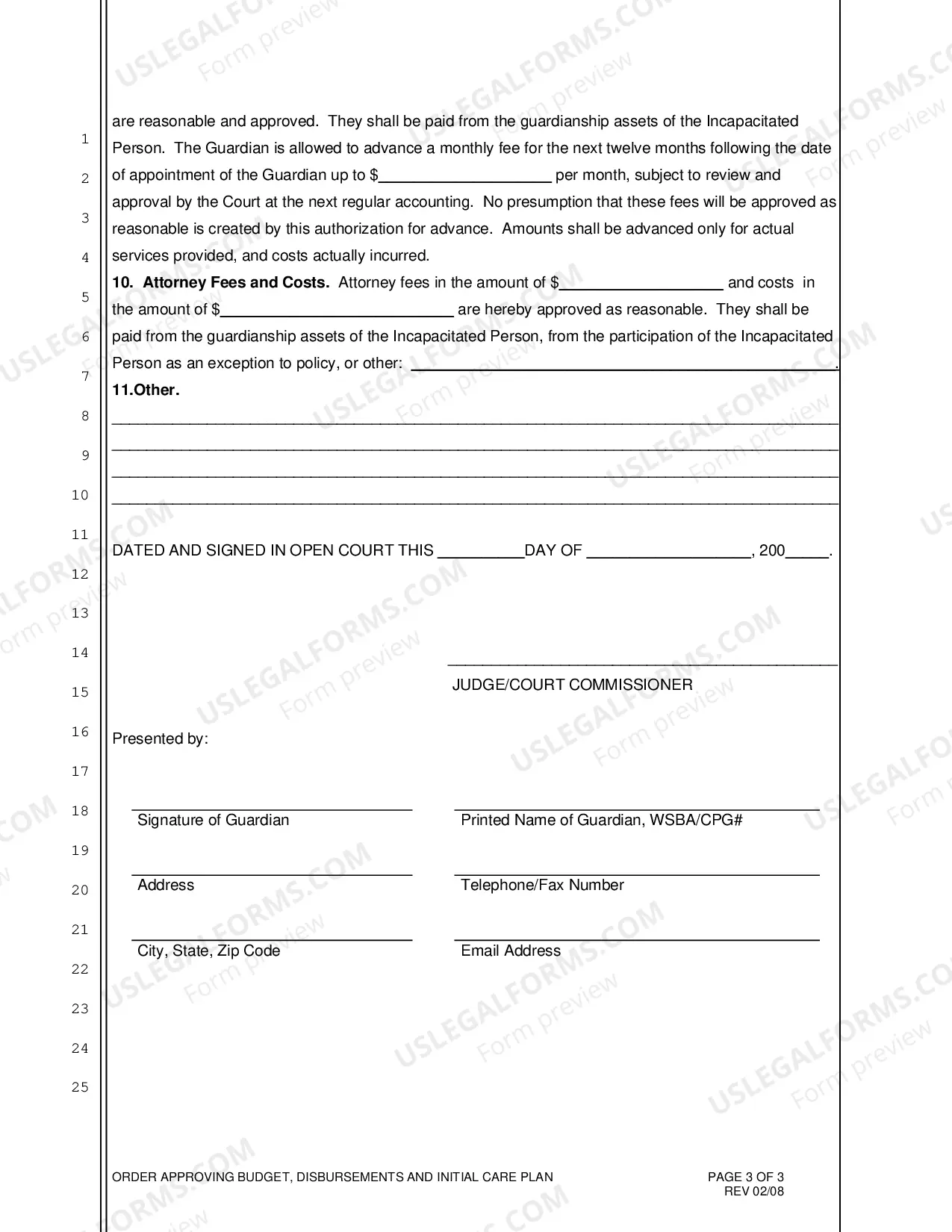 Preview Order Approving Budget, Disbursements and Initial Care Plan