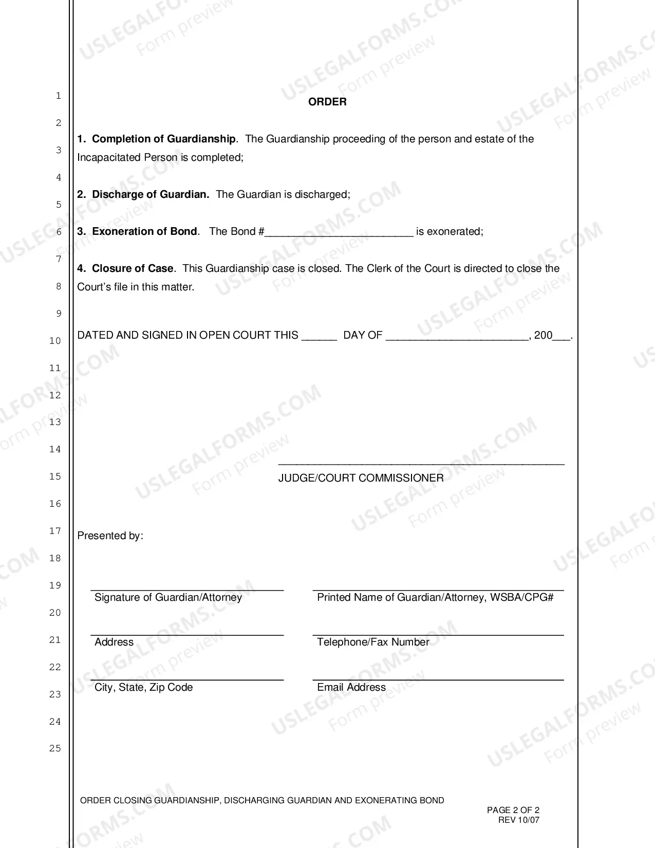 Preview Order Closing Guardianship, Discharging Guardian and Exonerating Bond