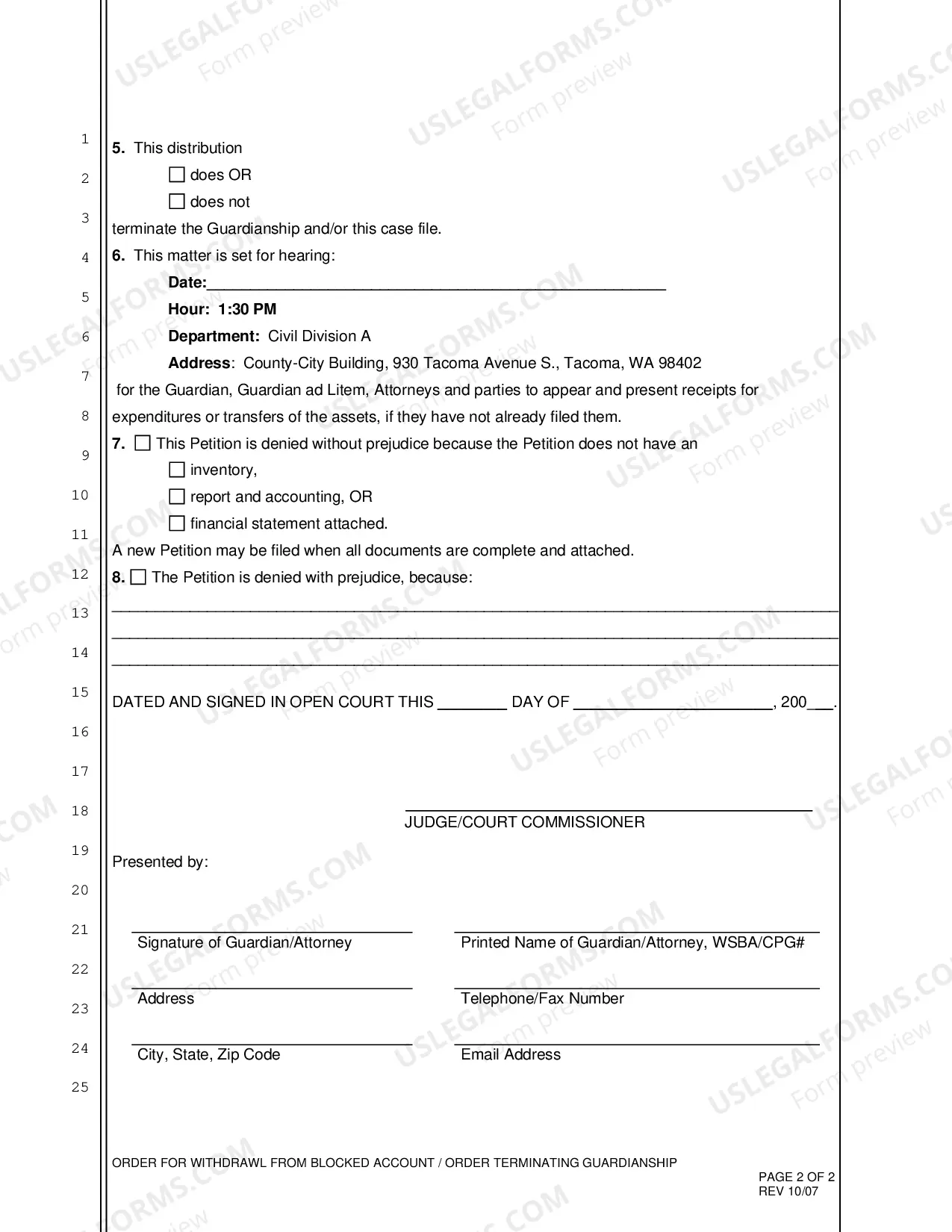 Preview Order for Withdrawal from Blocked Account/ Order Terminating Guardianship
