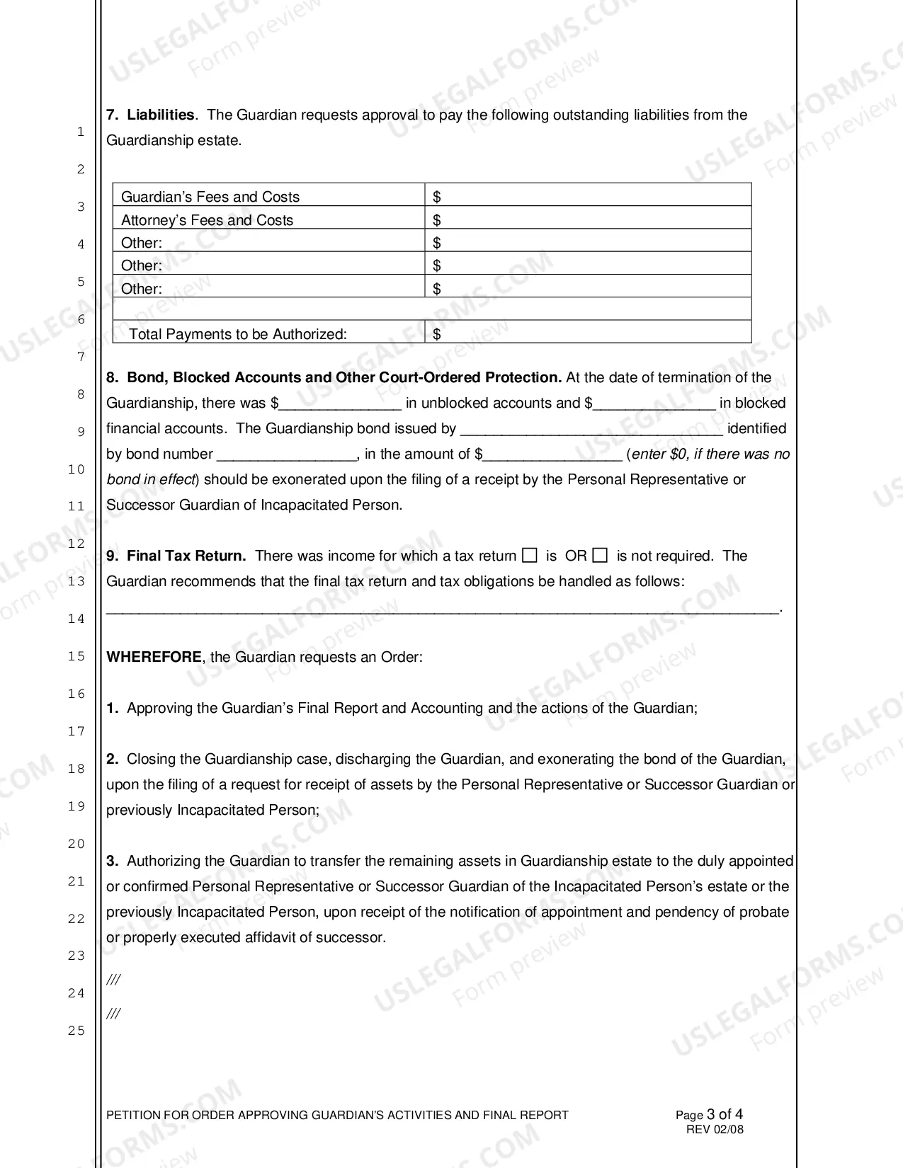 Preview Petition for Order Approving Guardian's Activities and Final Report