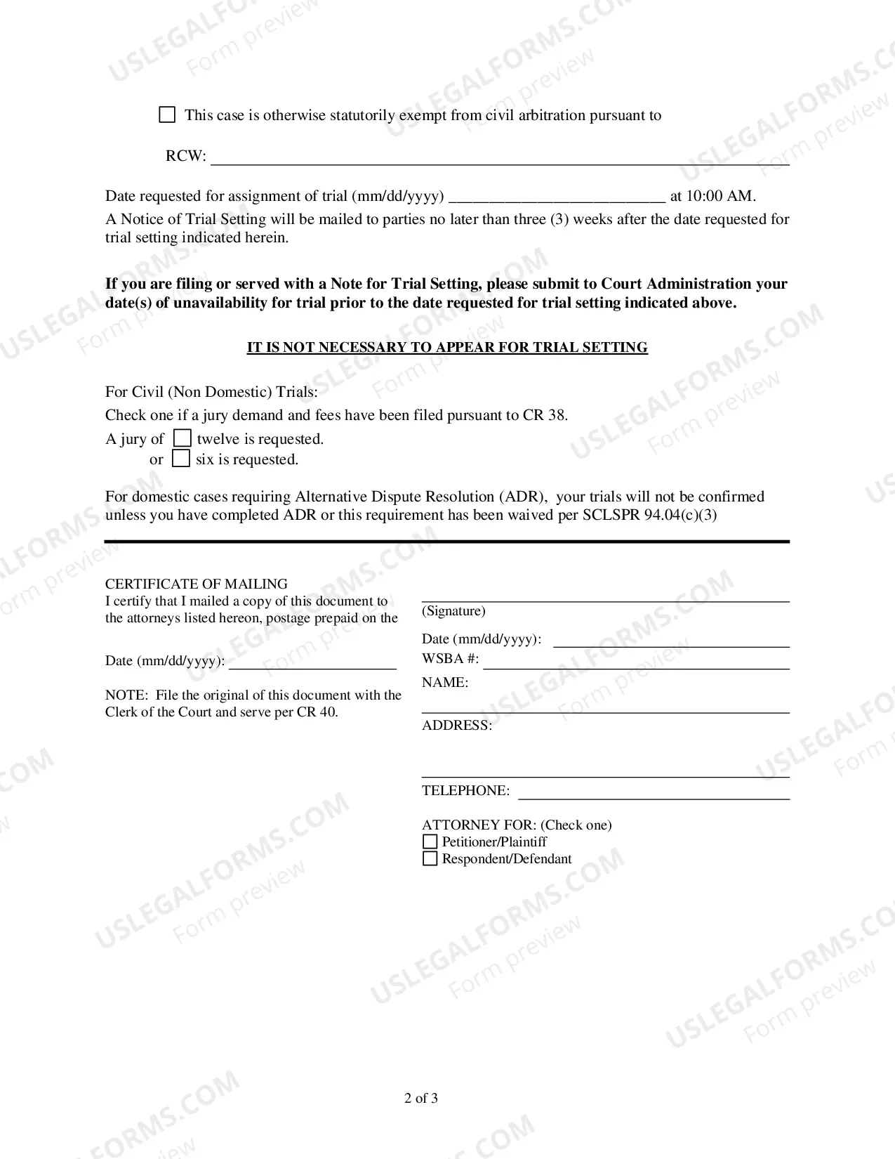 Preview Note for Trial Setting and Statement of Arbitrability