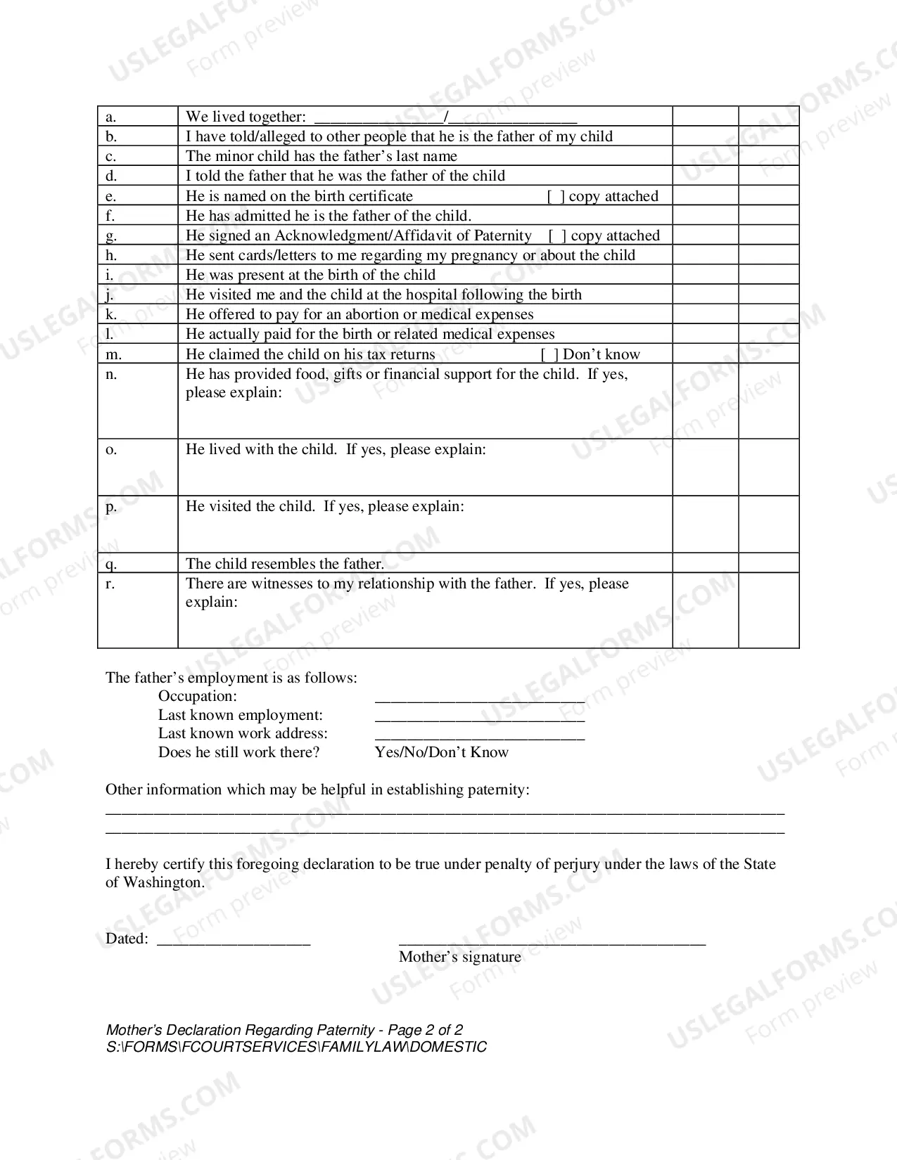 Preview Mother's Declaration Regarding Paternity