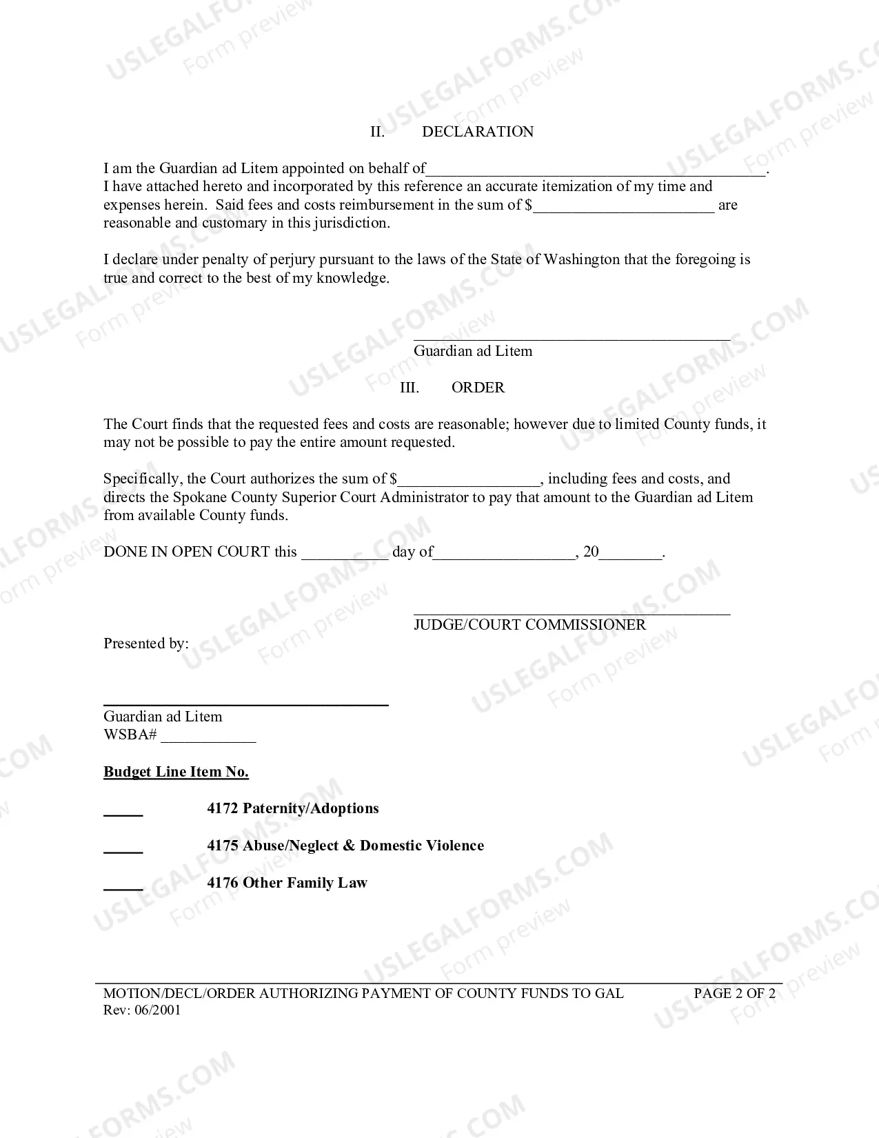 Preview GAL - Motion, Declaration, Order Auth Payment of County Funds to GAL