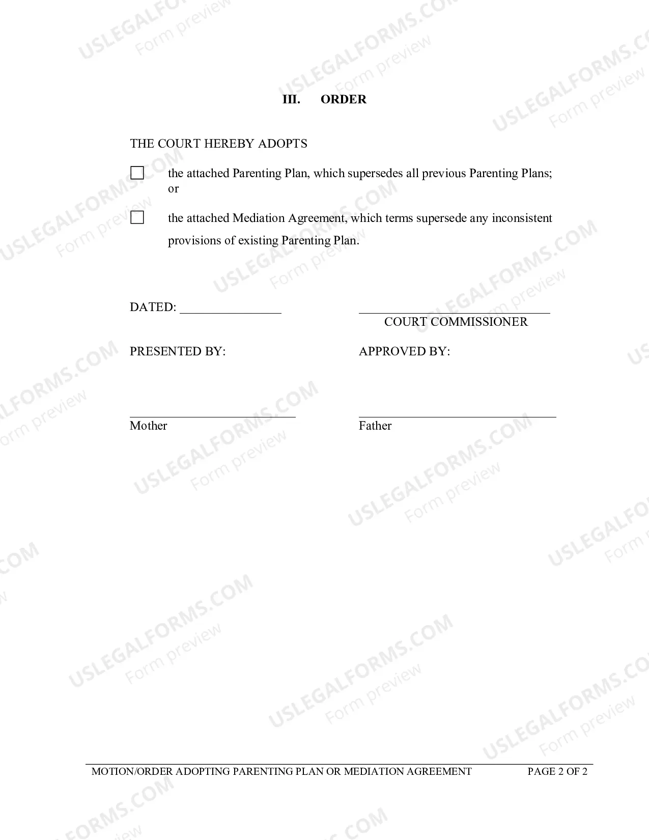 Preview Motion and Order Adopting Parenting Plan or Mediation Agreement