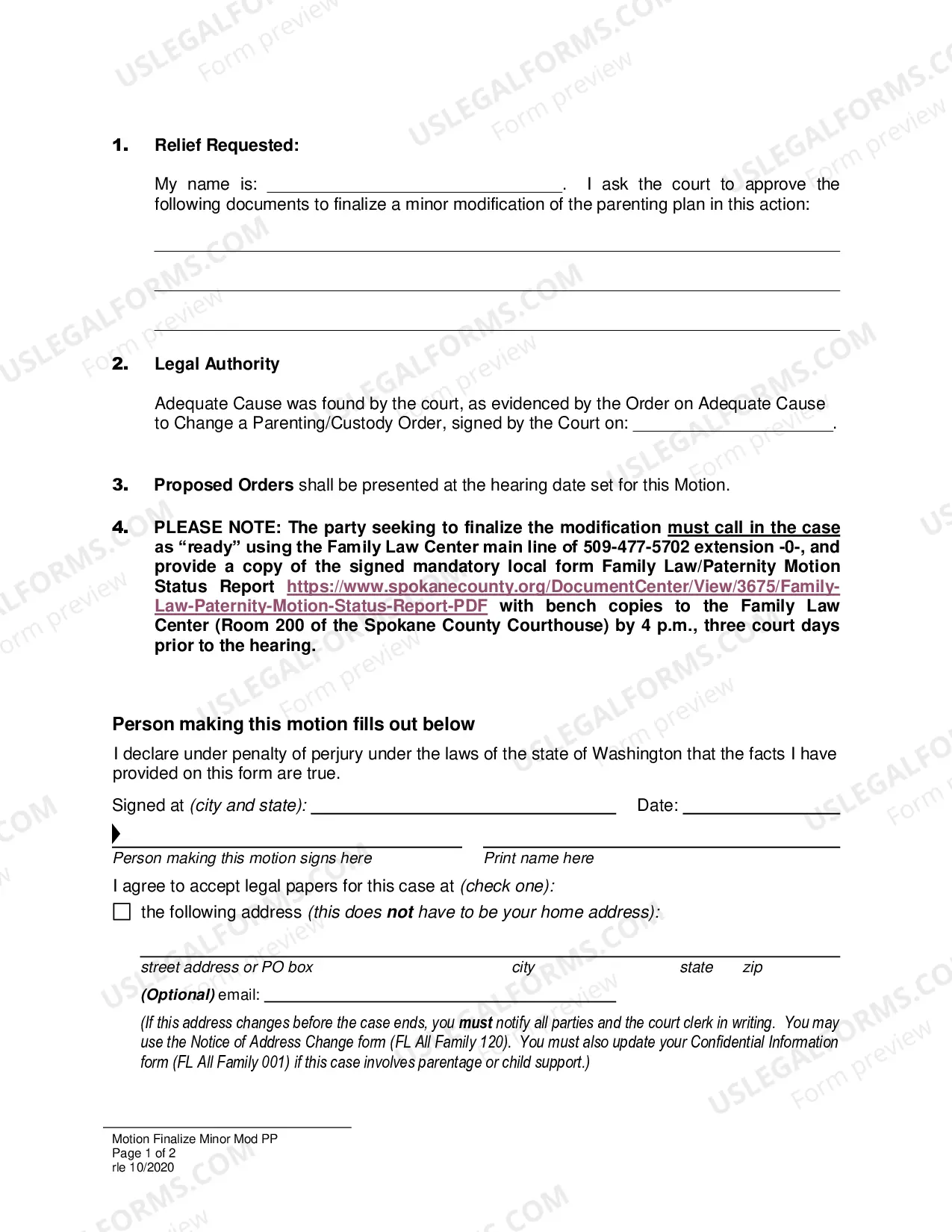 Preview Motion to Finalize Minor Modification of Parenting Plan