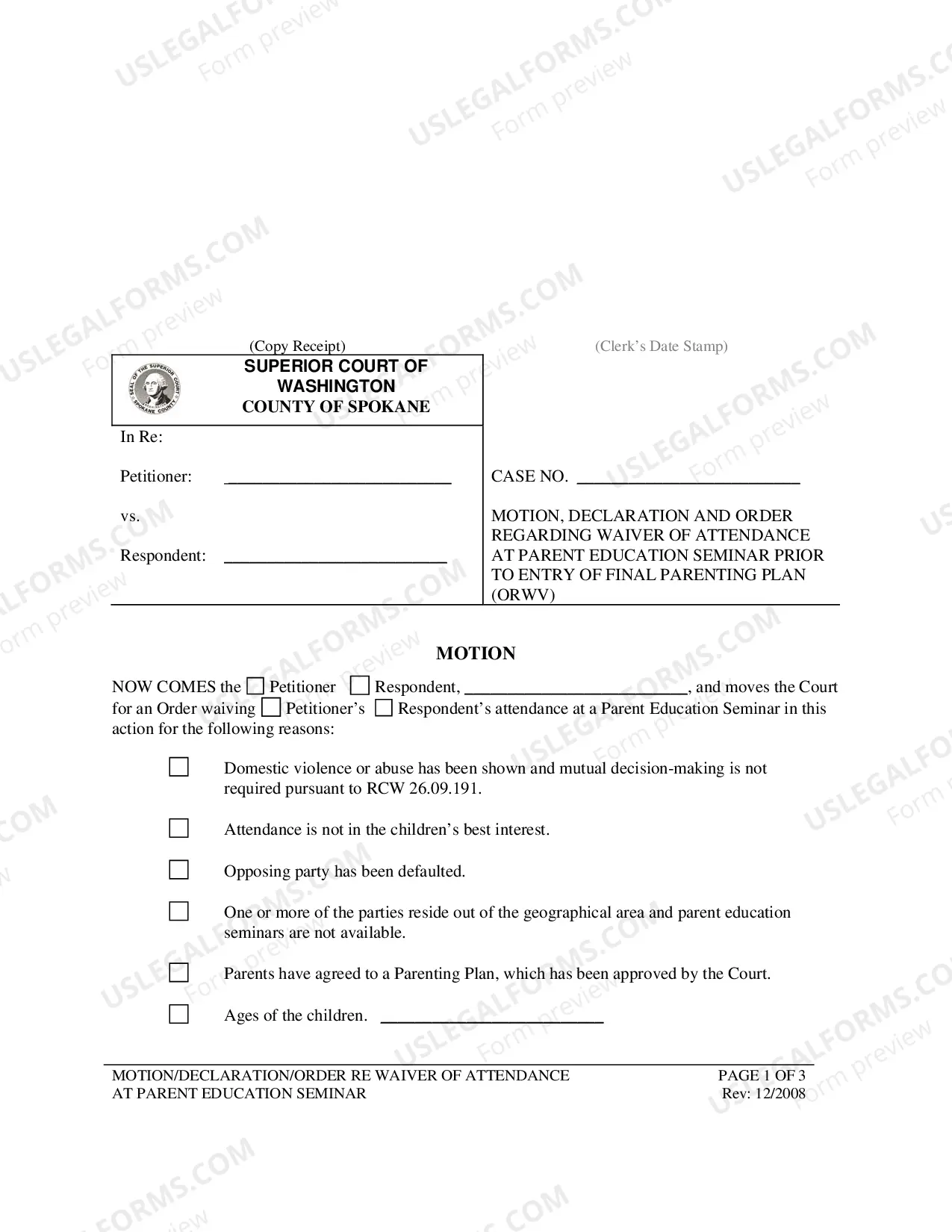 Preview Parent Seminar - Motion, Declaration and Order for Waiver of Attendance