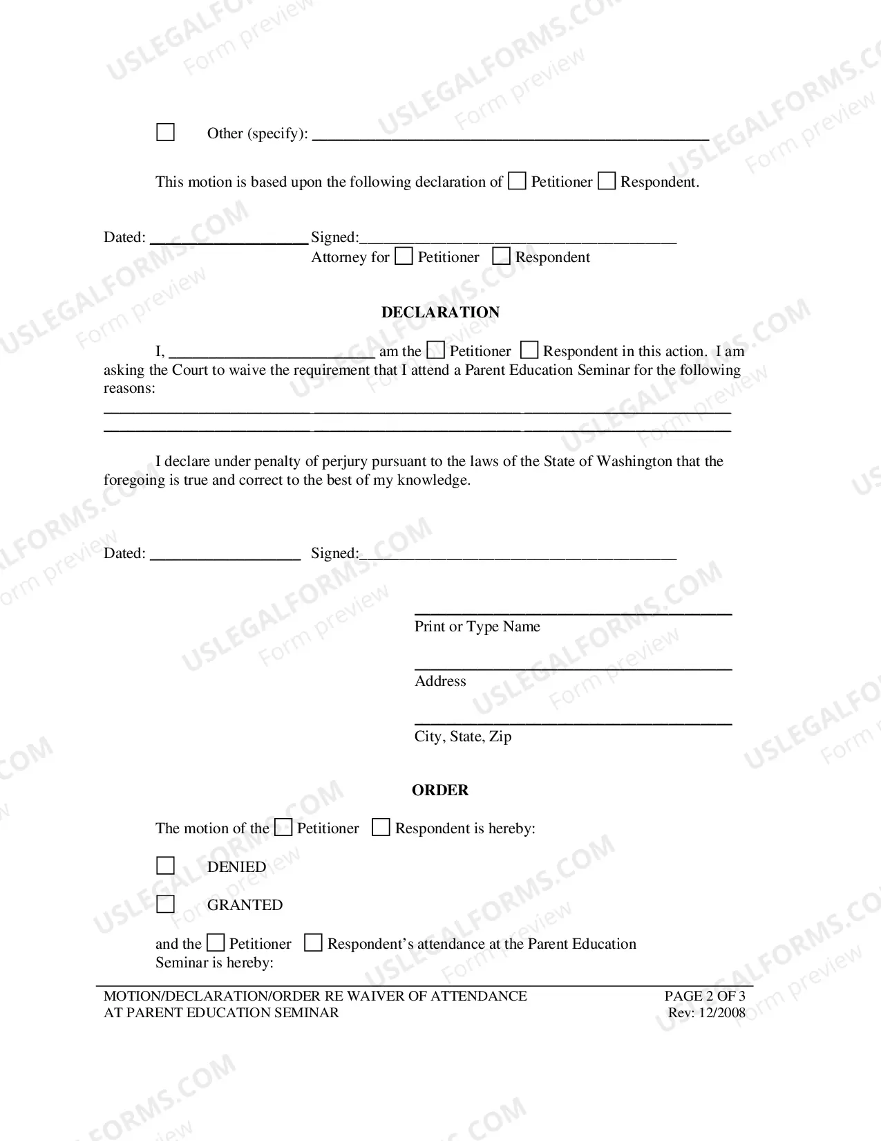 Preview Parent Seminar - Motion, Declaration and Order for Waiver of Attendance