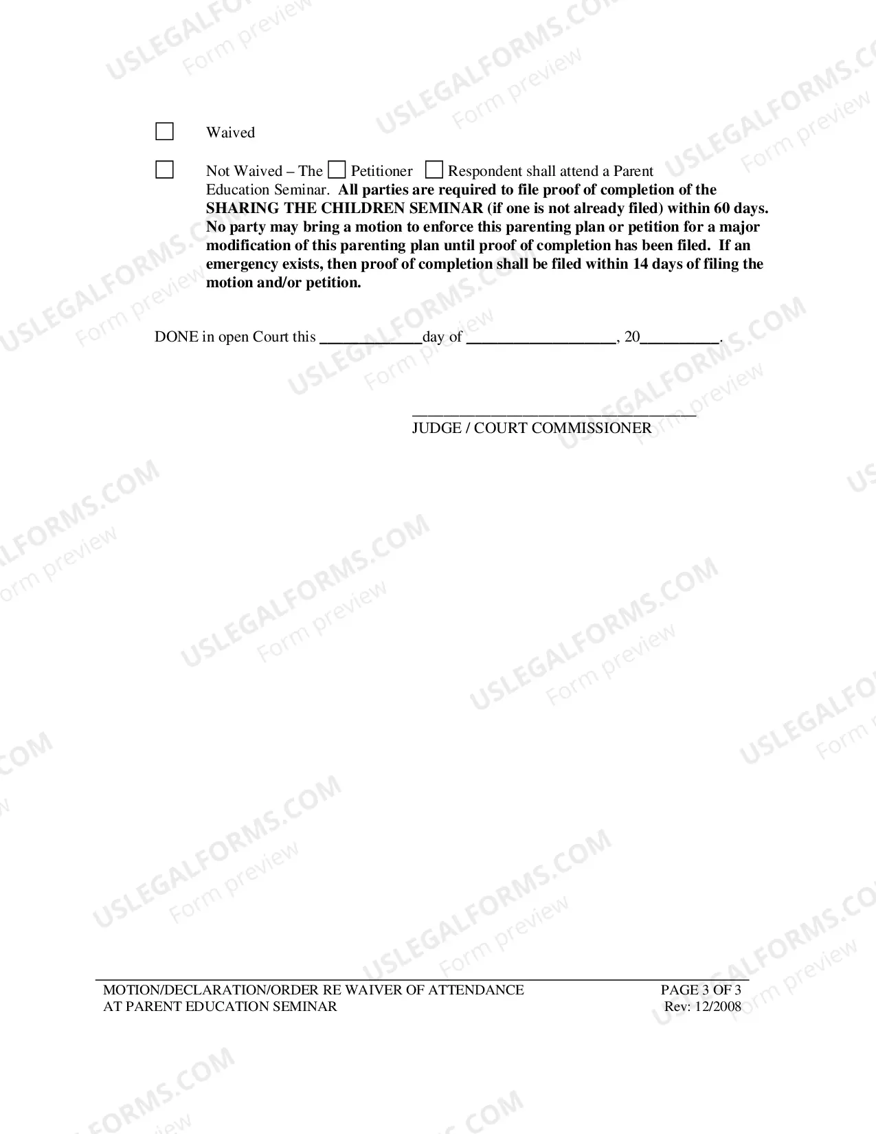 Preview Parent Seminar - Motion, Declaration and Order for Waiver of Attendance