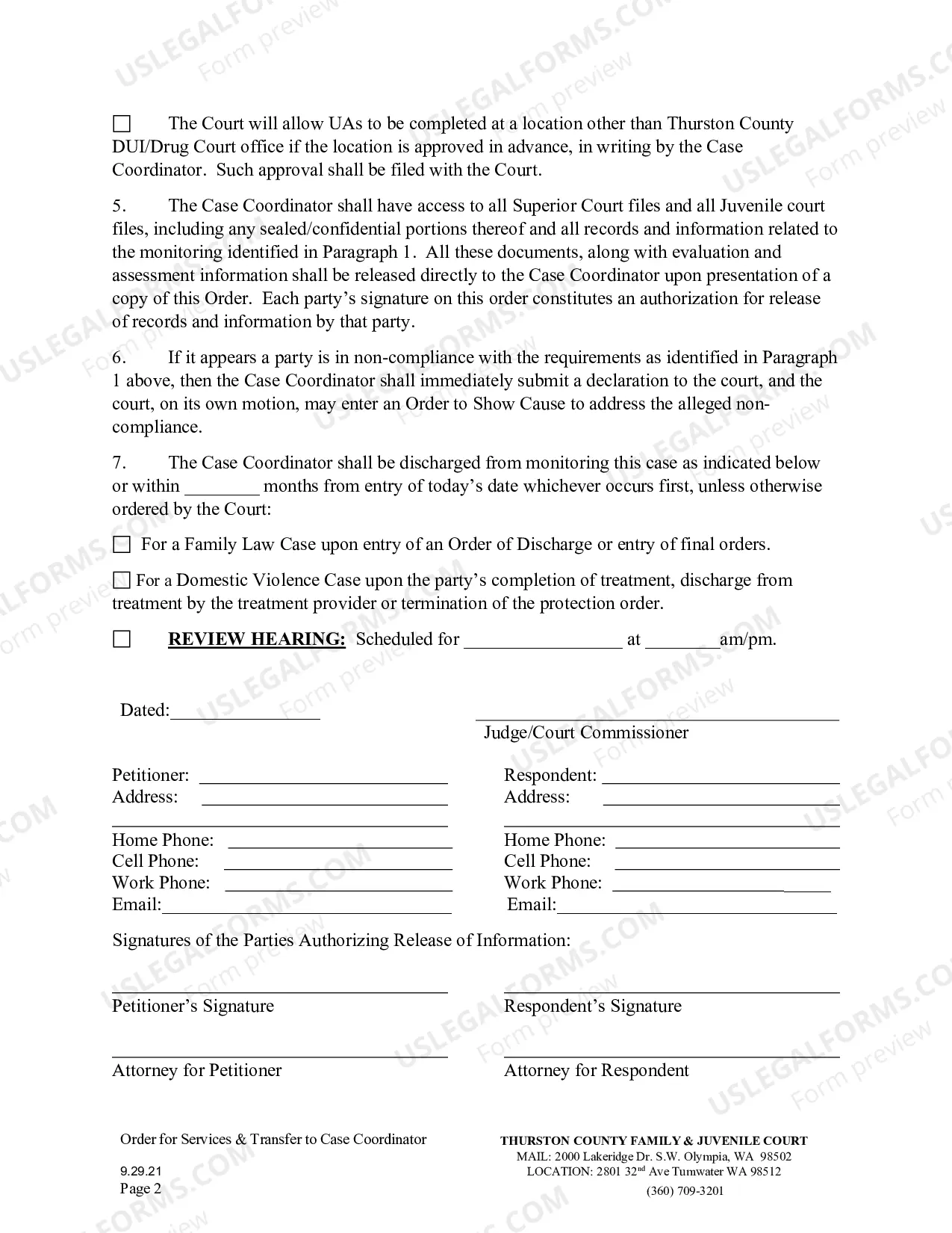 Preview Order for Services and Transfer to DV Court Case Coordinator.