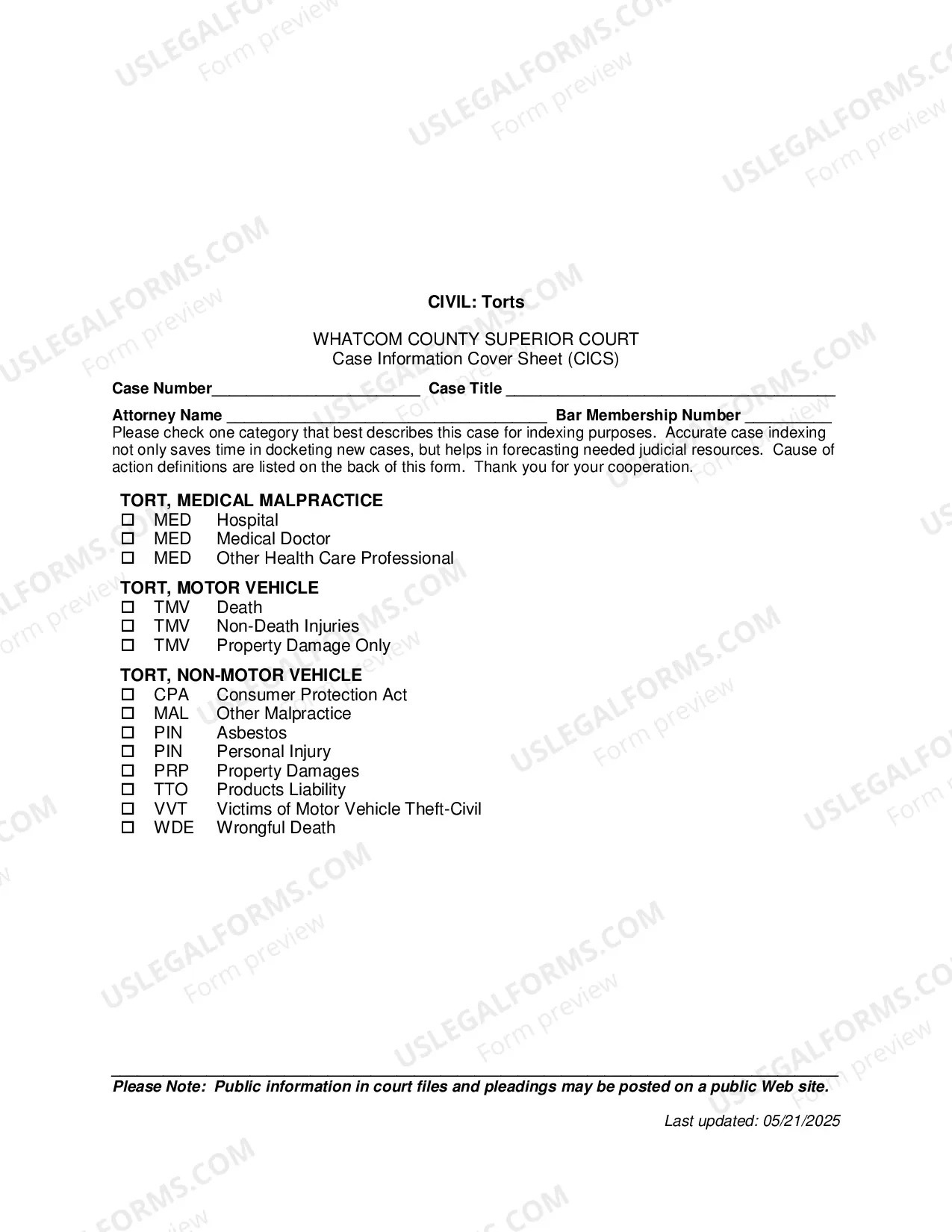 Preview Case Type Cover Sheet