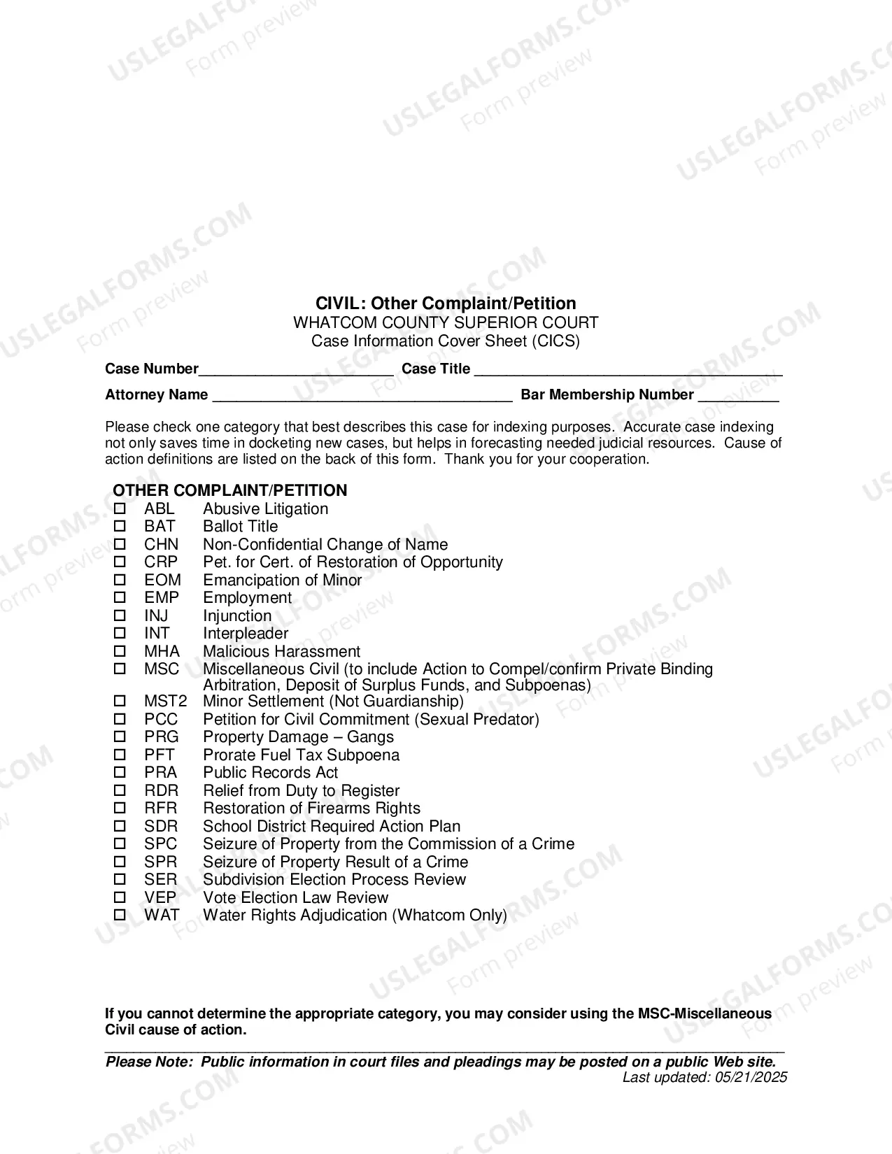 Preview Case Type Cover Sheet