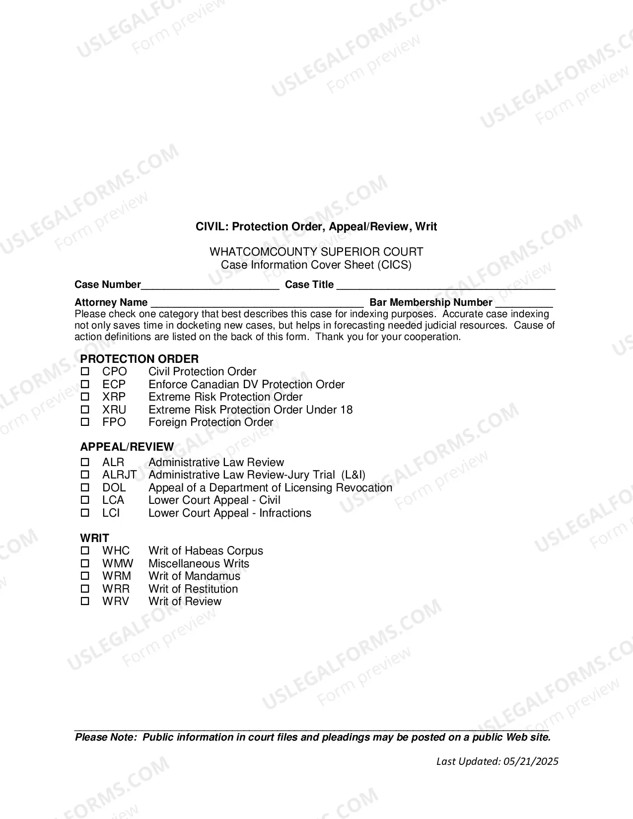 Preview Case Type Cover Sheet