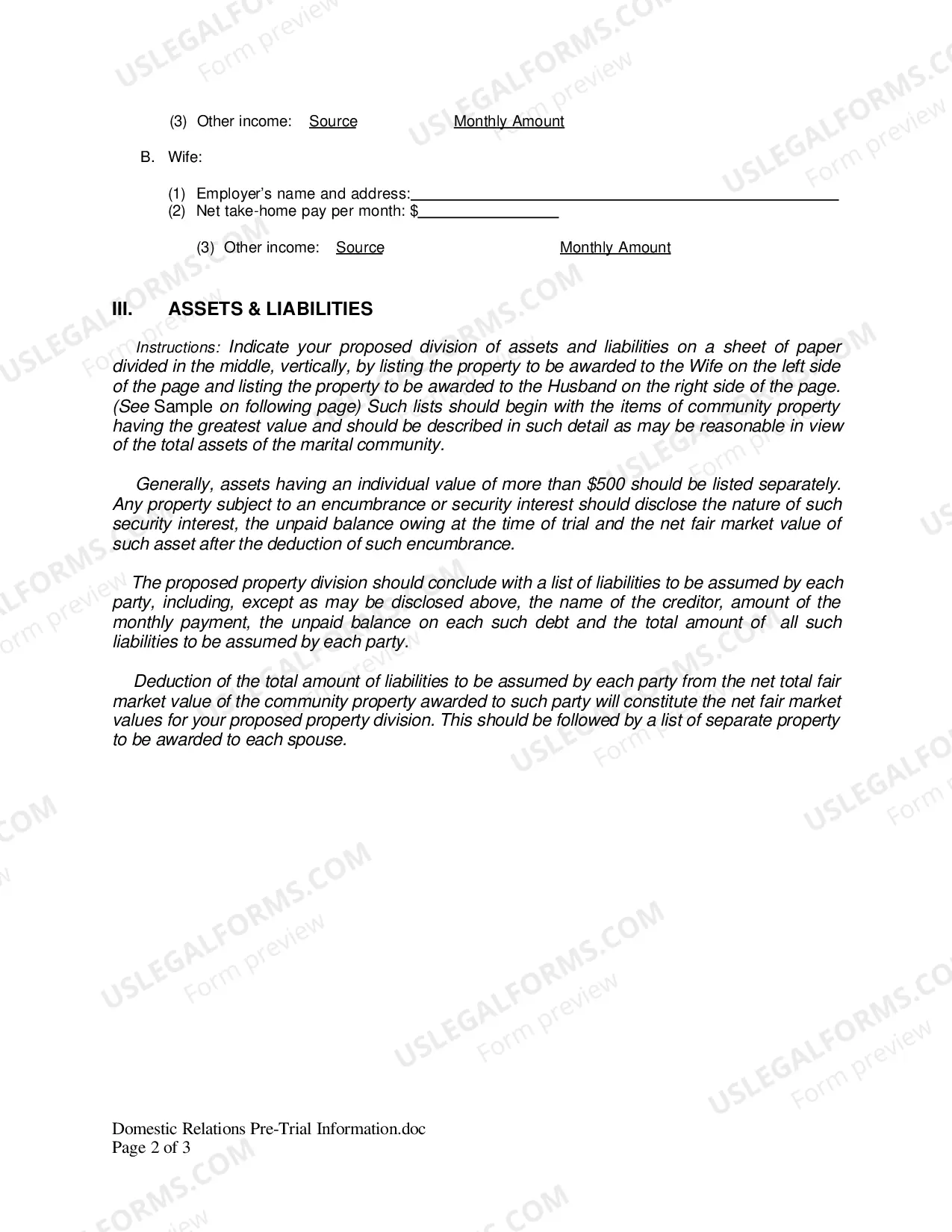 Preview Domestic Relations Pre Trial Information