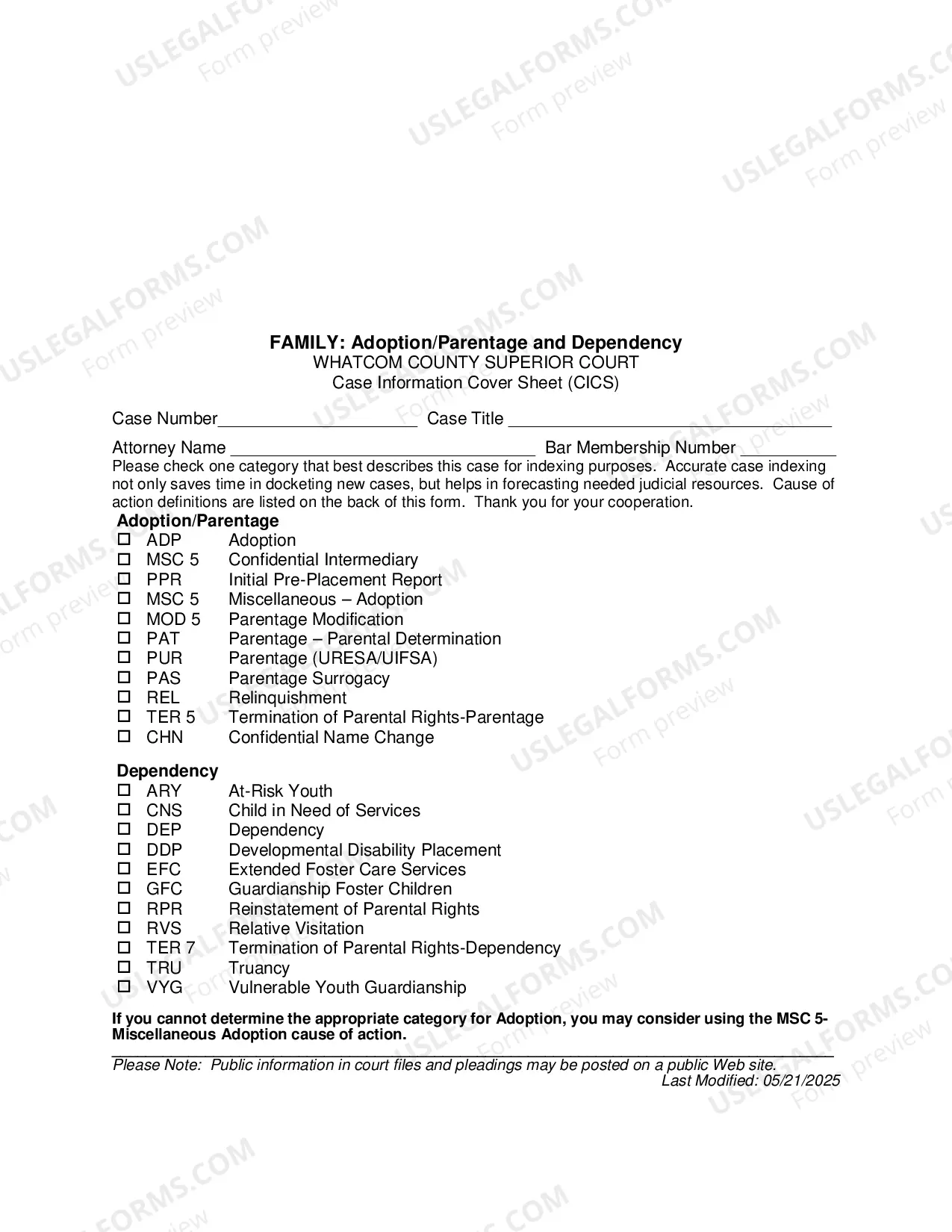 Preview Case Type Cover Sheet